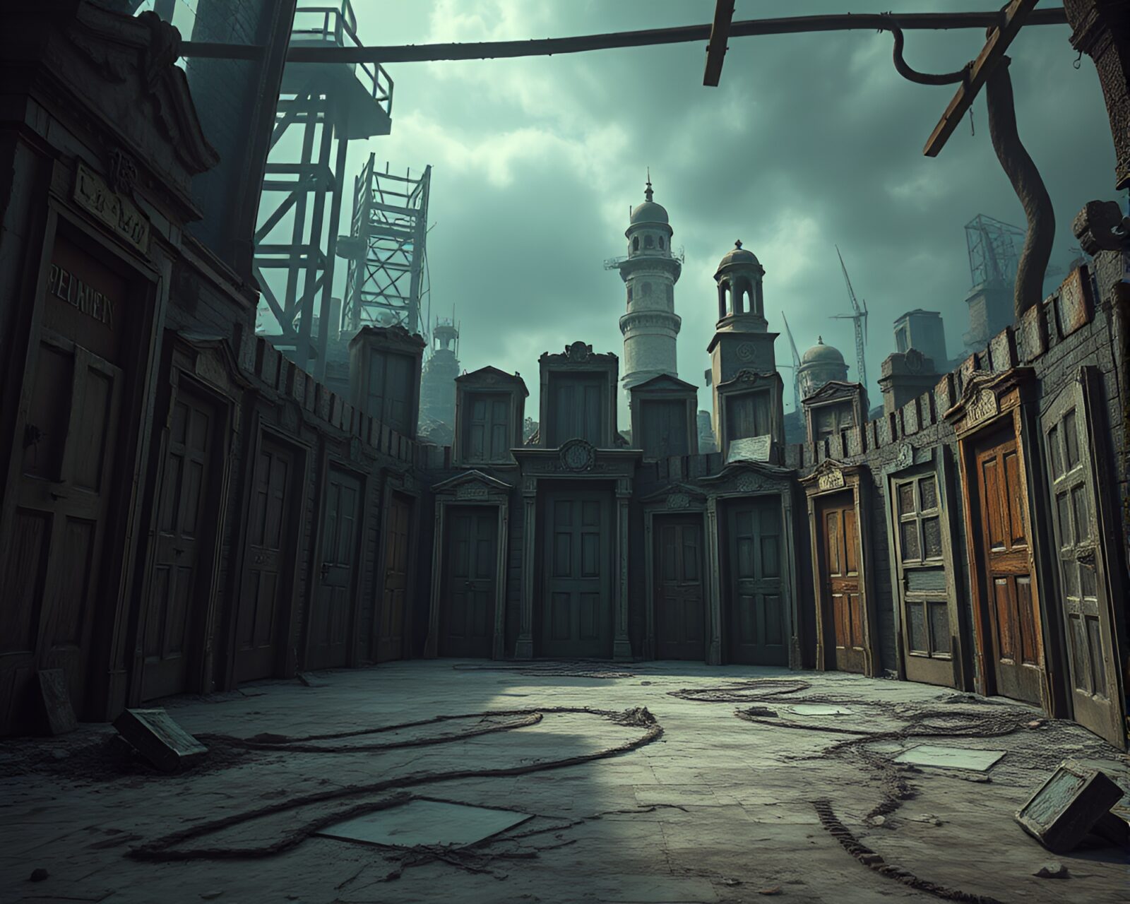 Vast labyrinth of doors in apocalyptic setting with dark atmosphere