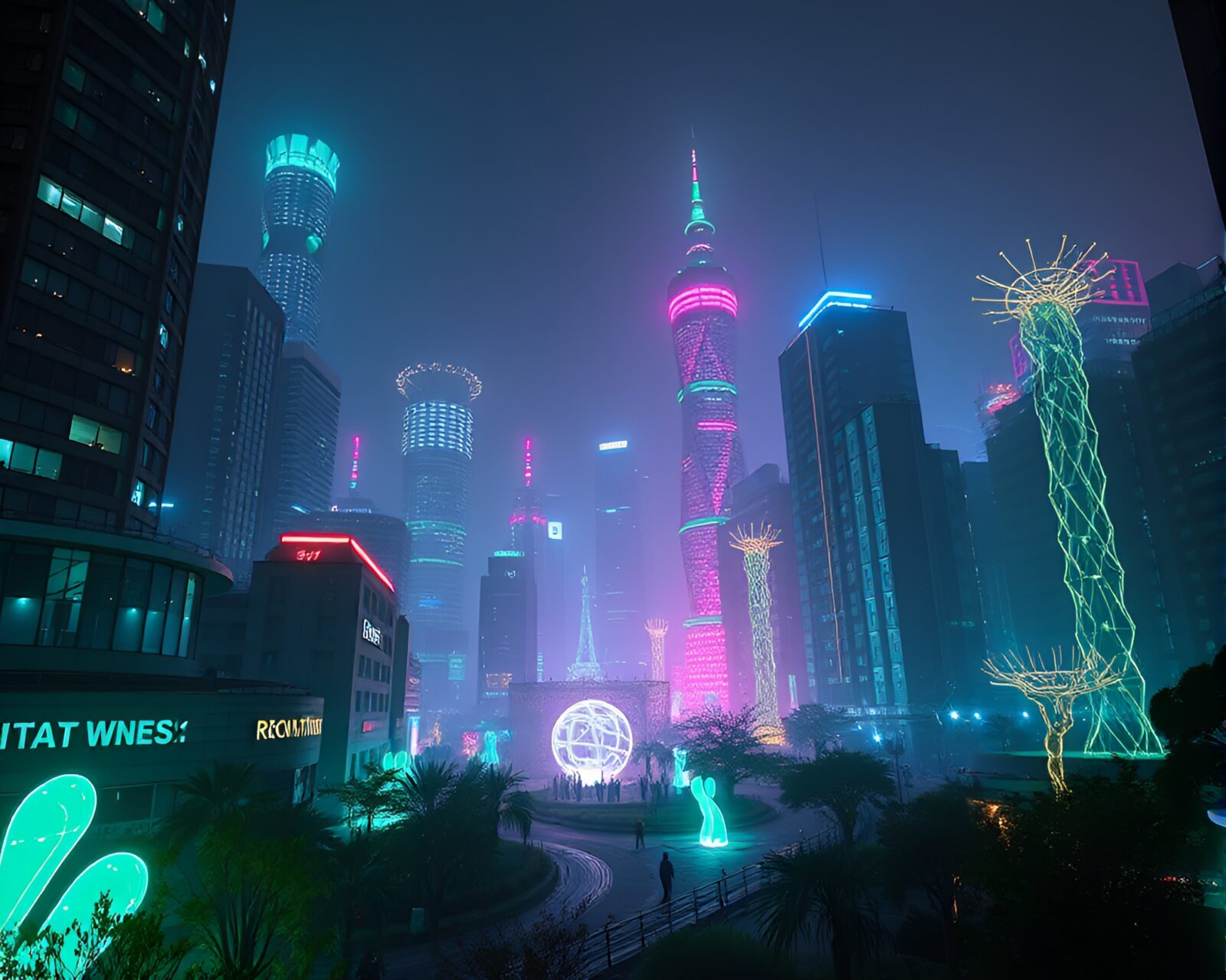 Glowing skyscrapers amid bustling city streets at night