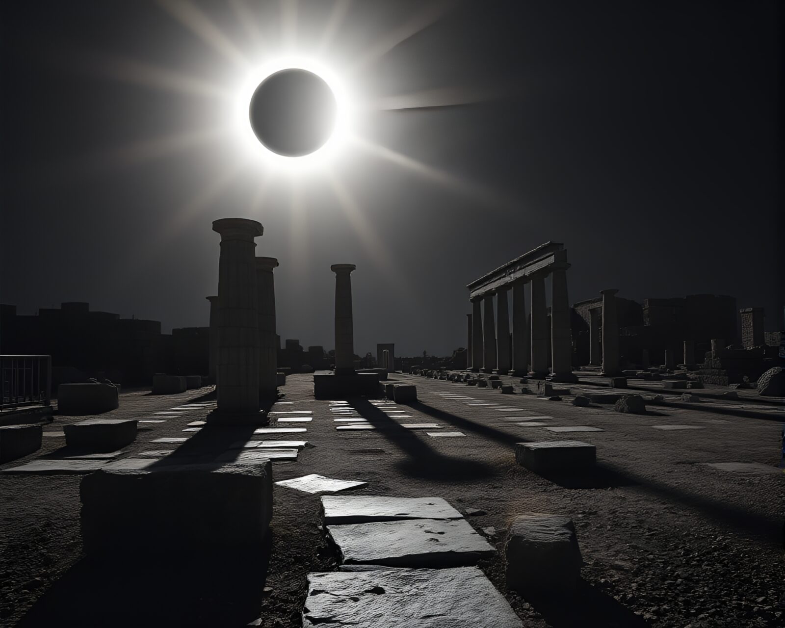 Minimalistic ancient civilization with stone temples and solar eclipse