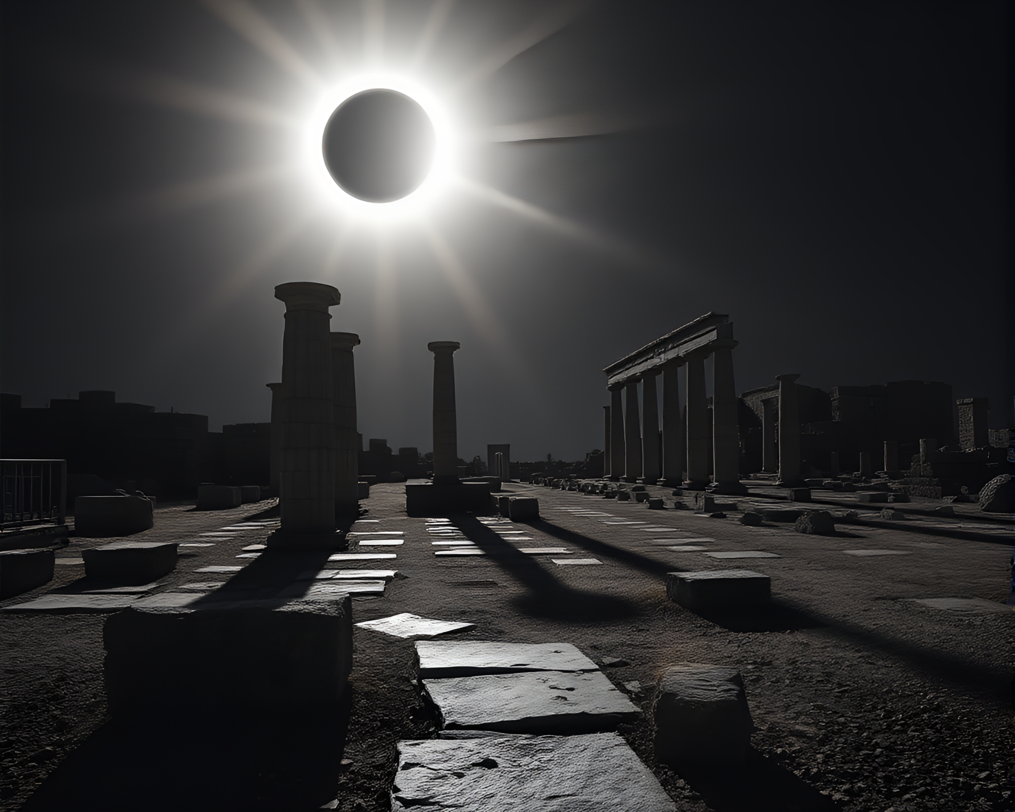 Dramatic Solar Eclipse Over Ancient Ruins – free AI stock image