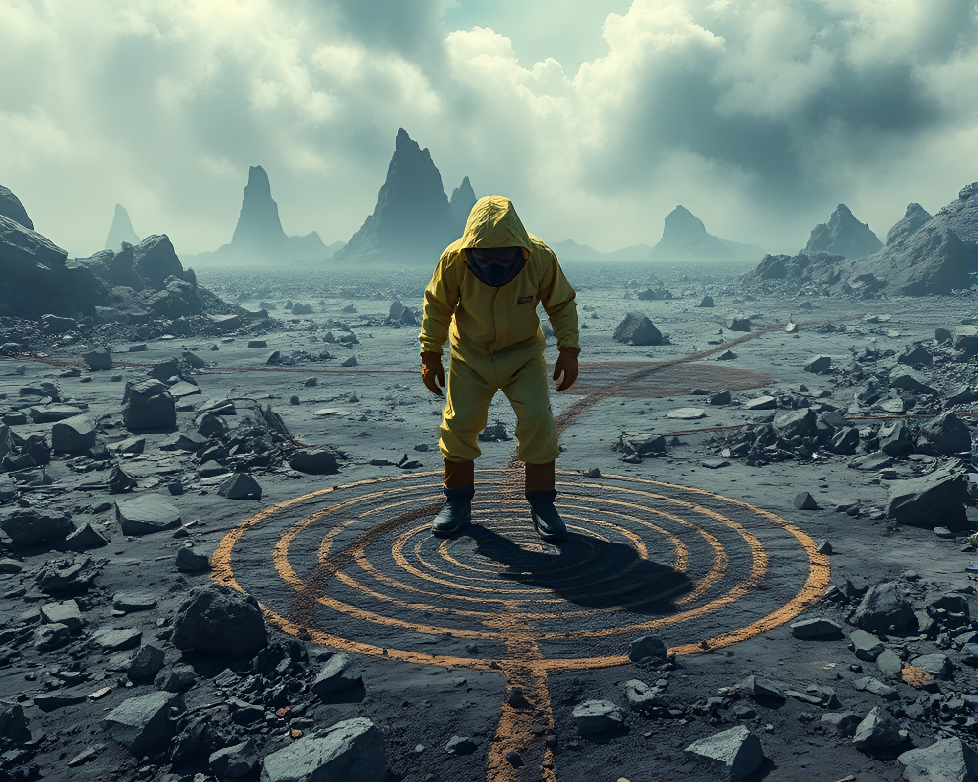Desolate Wasteland: Hazmat Artist Amidst Destruction – free AI stock image