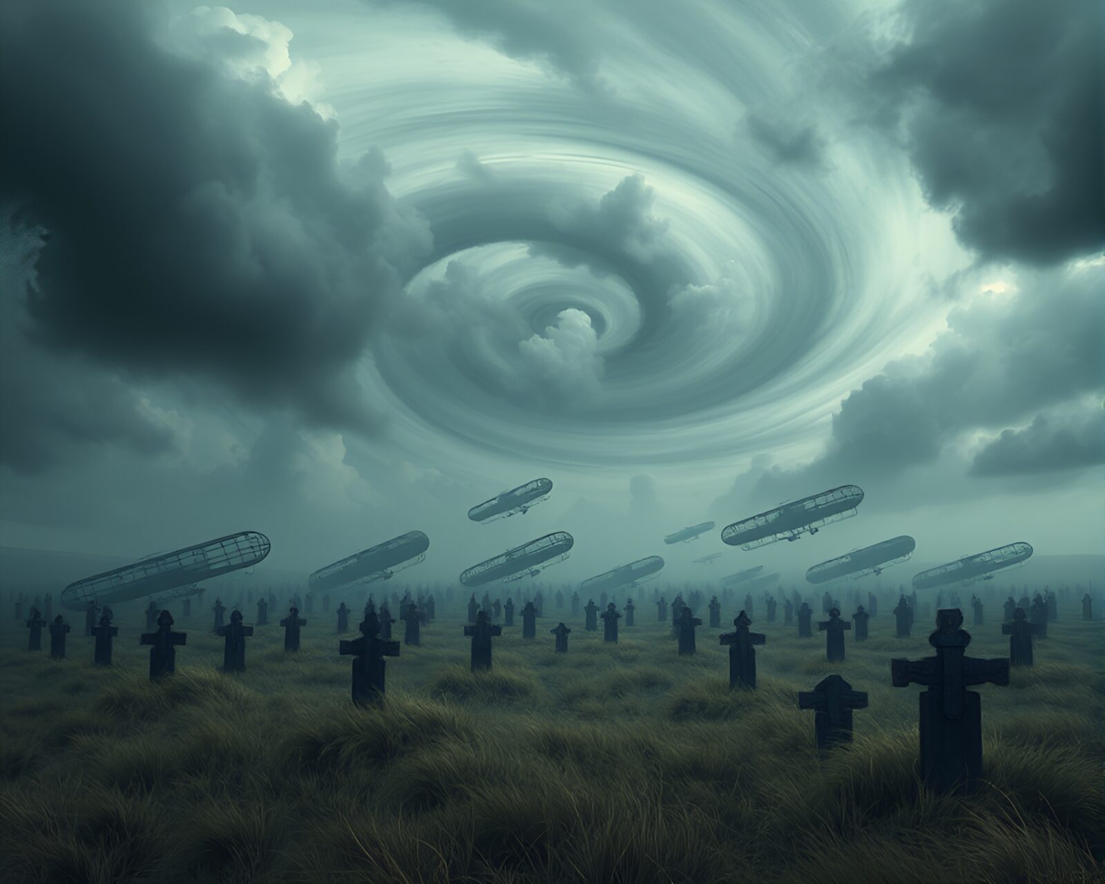 Breathtaking digital painting of abandoned airships in dramatic sky