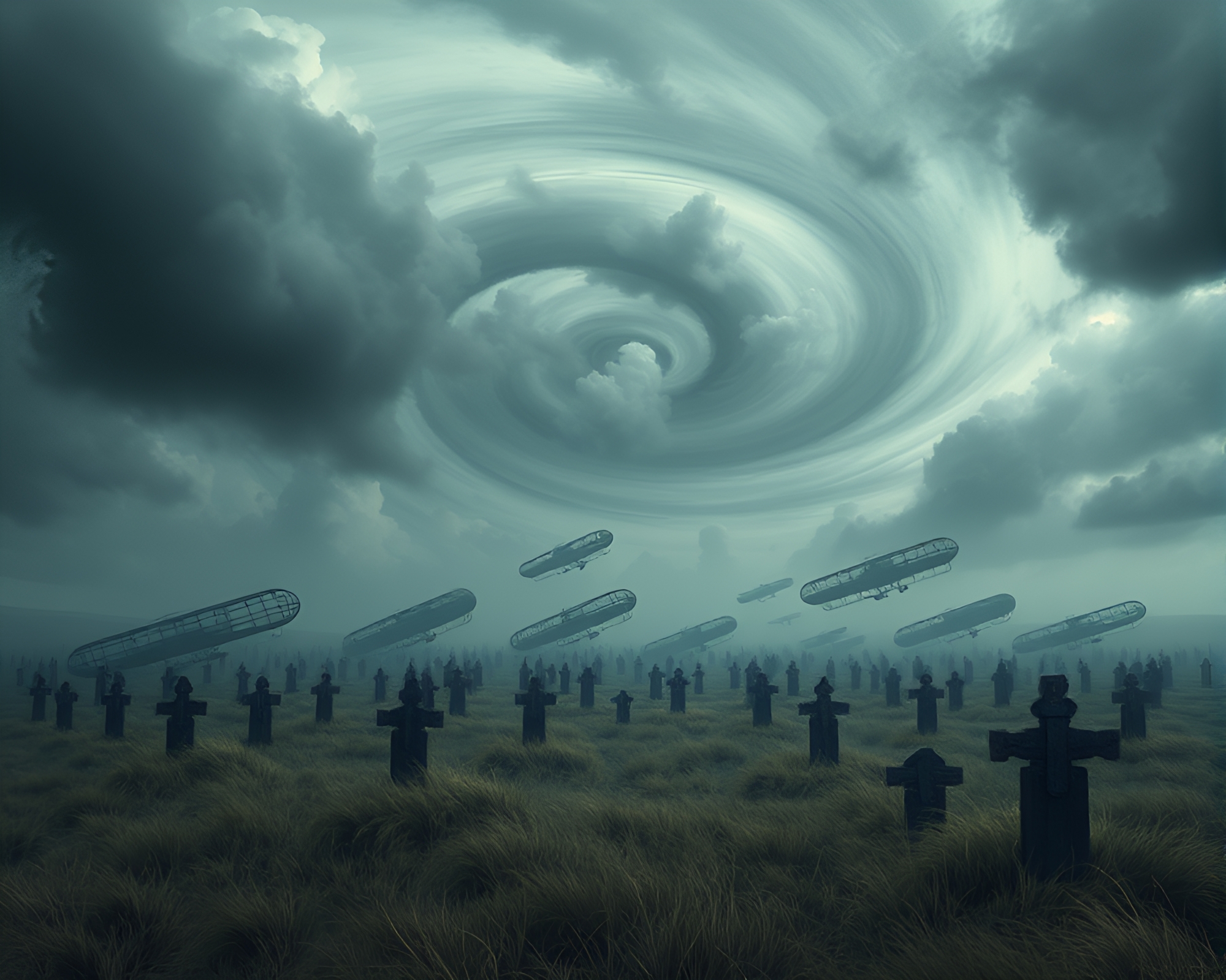 Ethereal Graveyard of Zeppelins in Desolate Landscape – free AI stock image