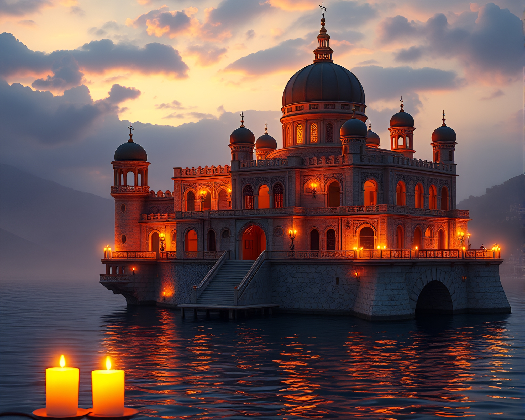 Enchanting Citadel Floating Above Serene Waters – free AI stock image