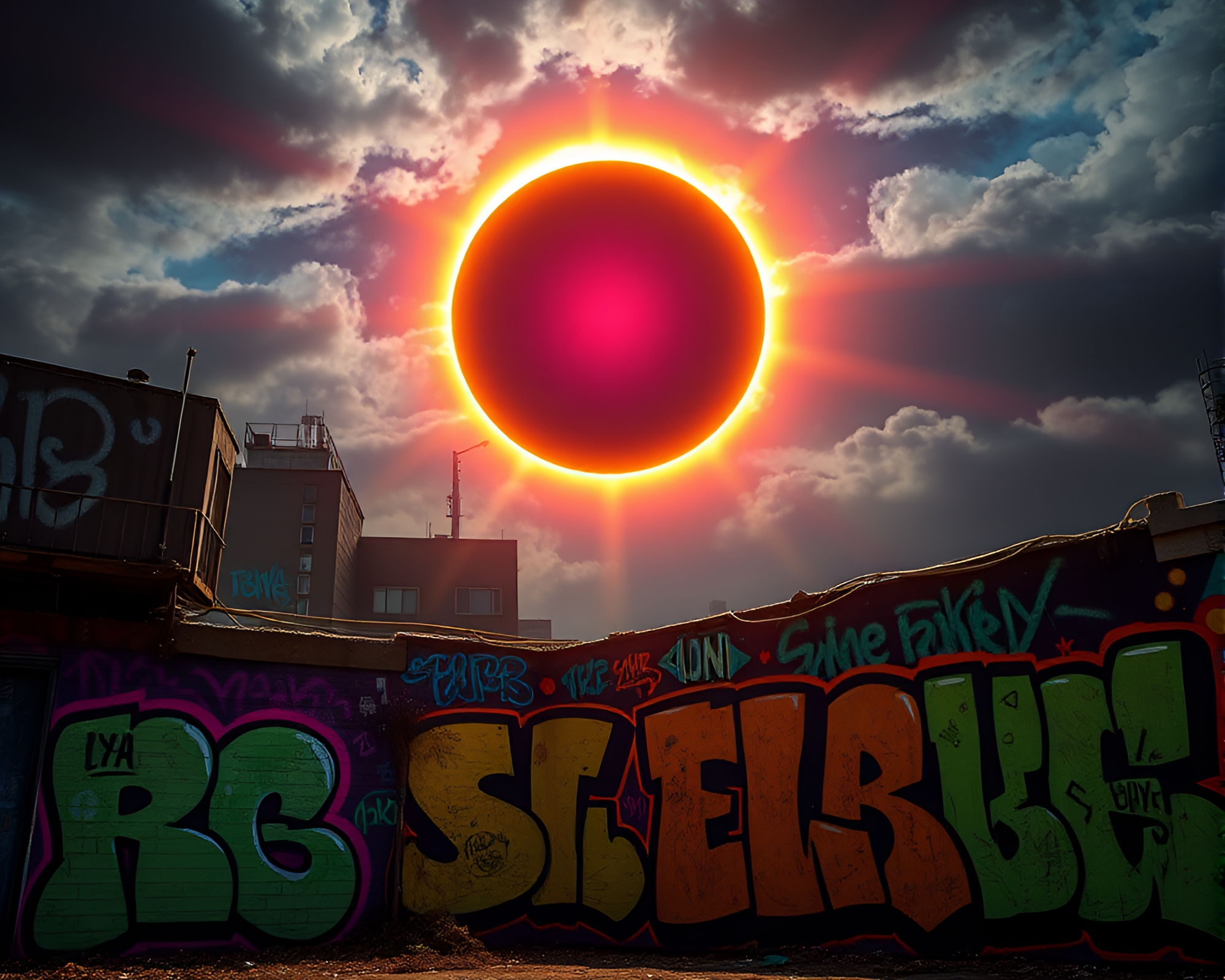 Surreal Solar Eclipse Illuminates Urban Graffiti Scene – free AI stock image