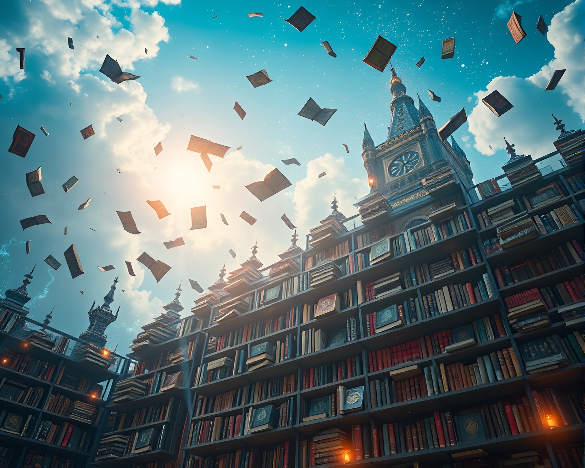 Enchanting Fantasy Scene: Floating Tower of Books – free AI stock image