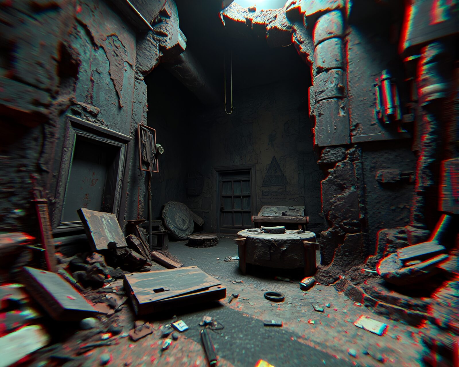 Digital glitched realm with disintegrating ancient artifacts in chaos