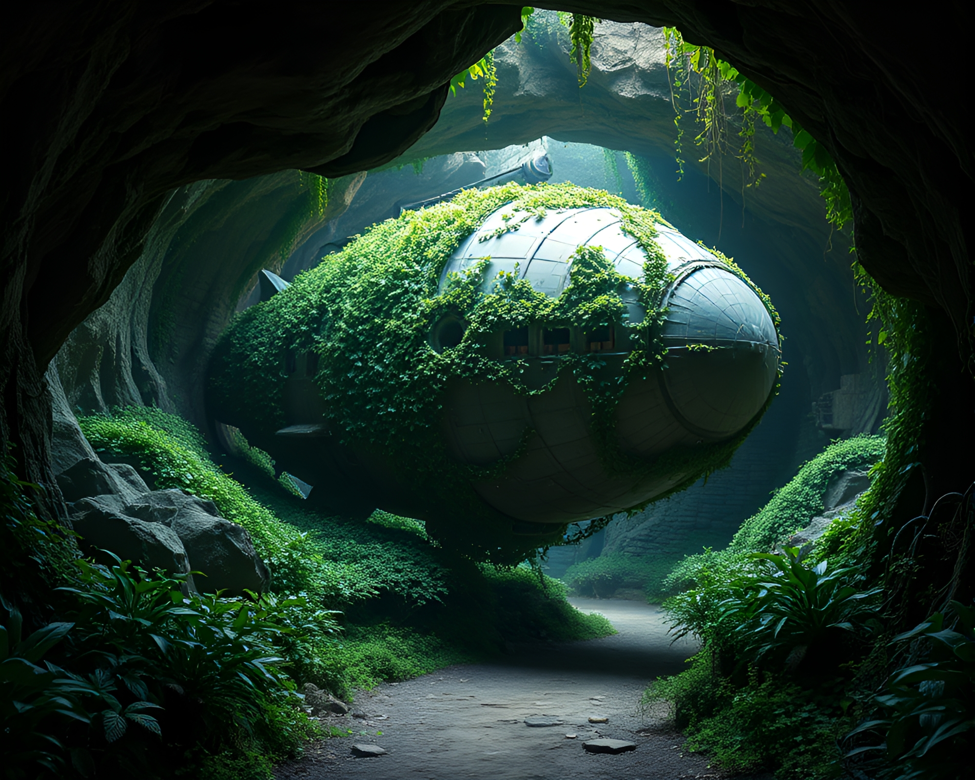 Futuristic Spaceship Overgrown with Ivy in Underground Lair – free AI stock image