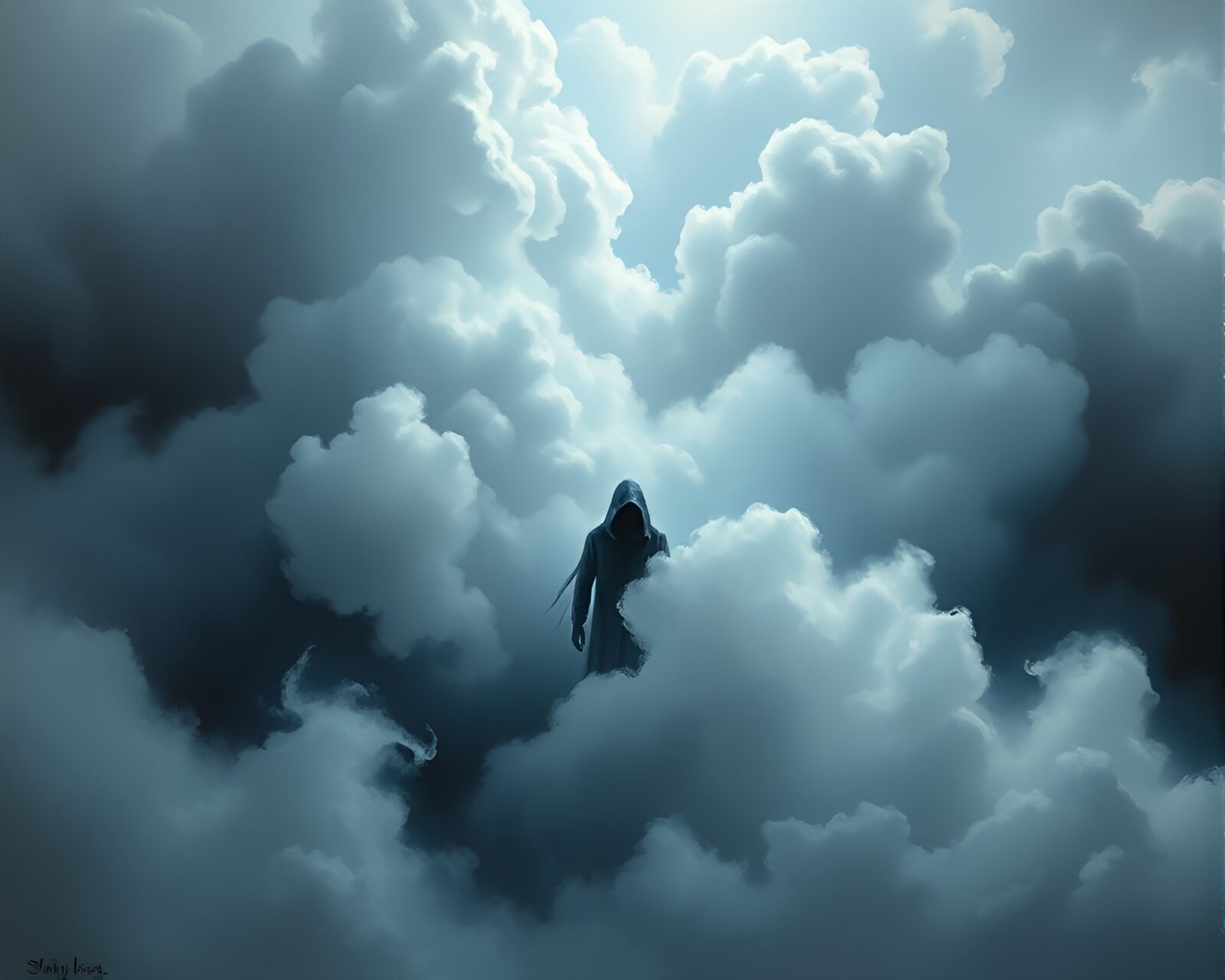 Acrylic painting of mysterious figure within swirling clouds