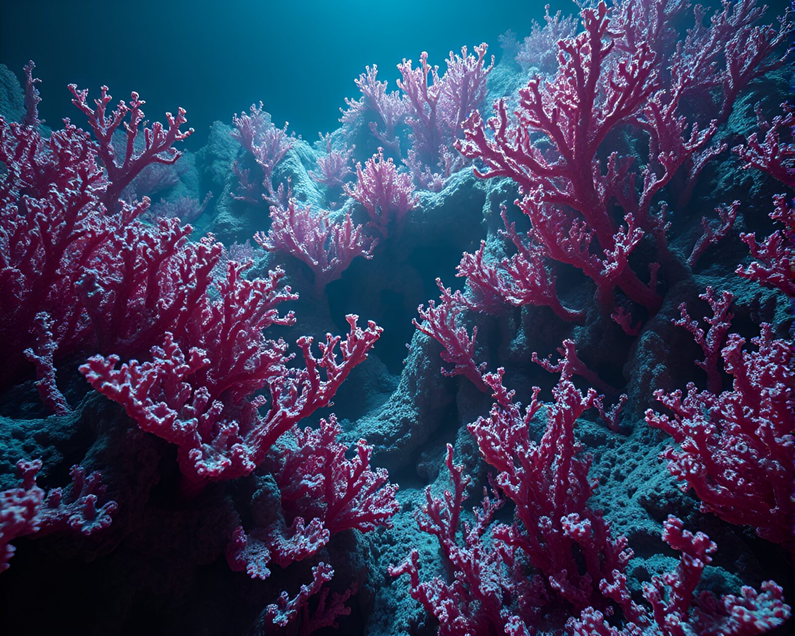 Intricate iridescent coral formations in noir surroundings