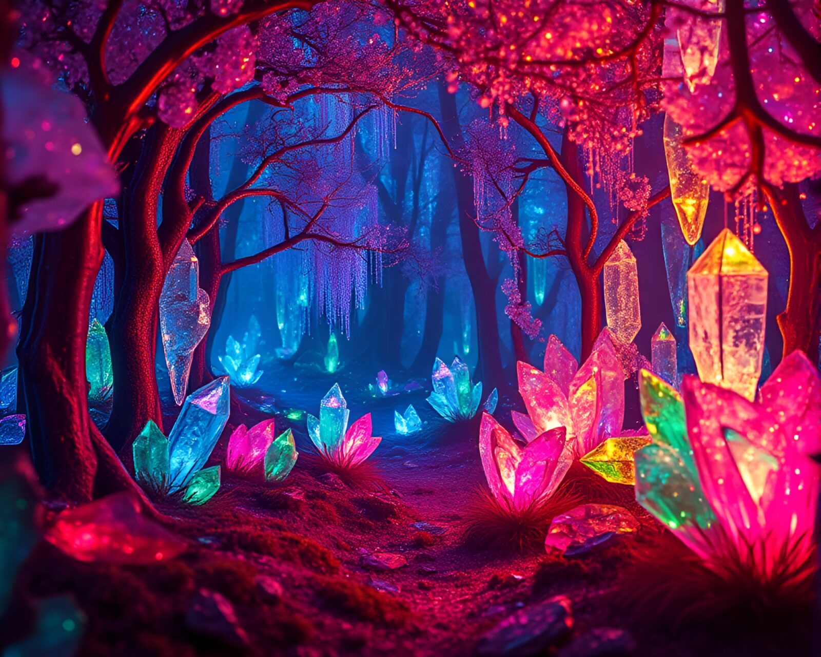 Glistening silicon crystal forest with vibrant colors and dream-like lighting