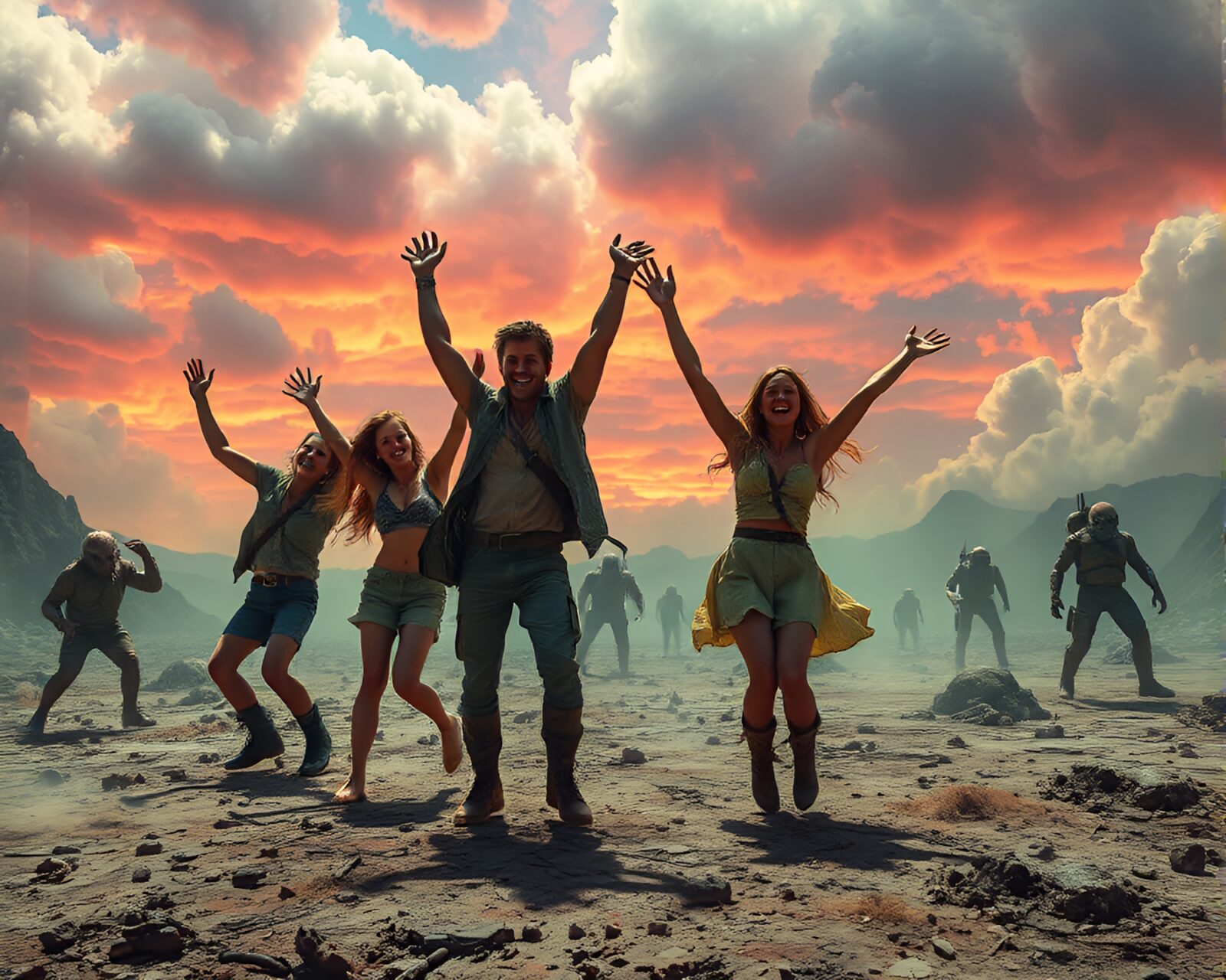 Jubilant group celebrates among mutant plants in toxic landscape