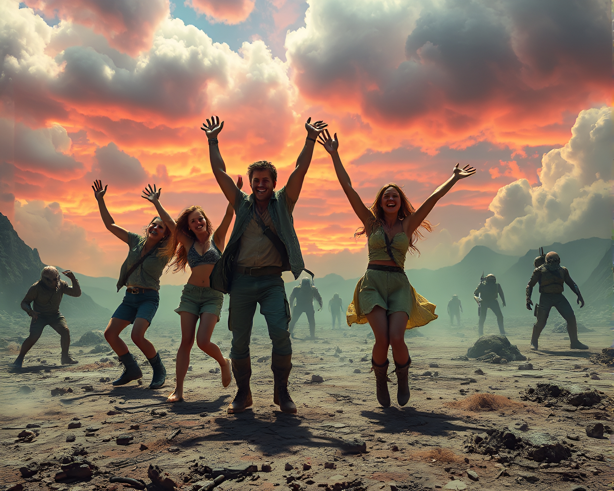 Euphoric survivors dance in surreal radioactive wasteland – free AI stock image