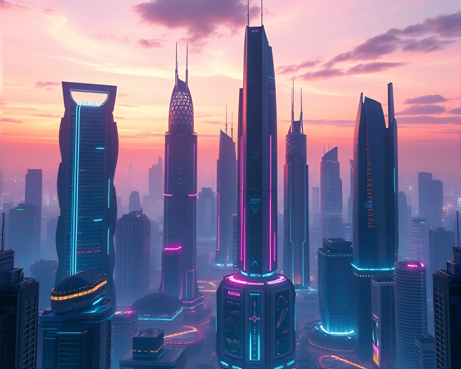 Stunning cityscape at dusk with neon lights and pastel sky