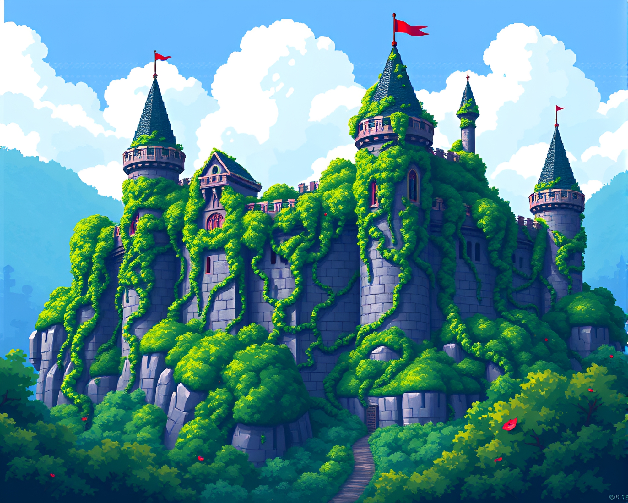 Pixelated fortress overtaken by lush ivy vines – free AI stock image