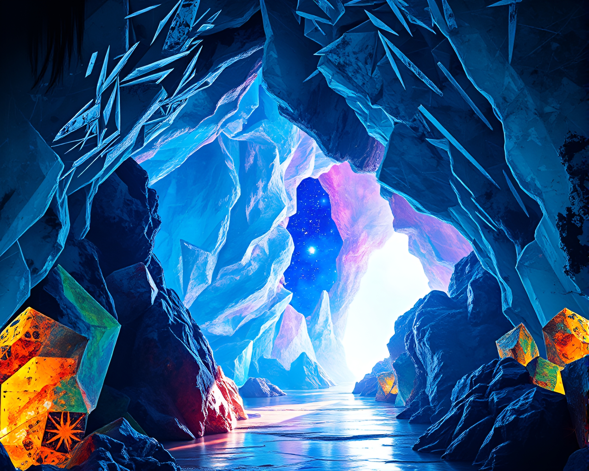 Vibrant Cosmic Pop Art in Crystalline Cavern – free AI stock image