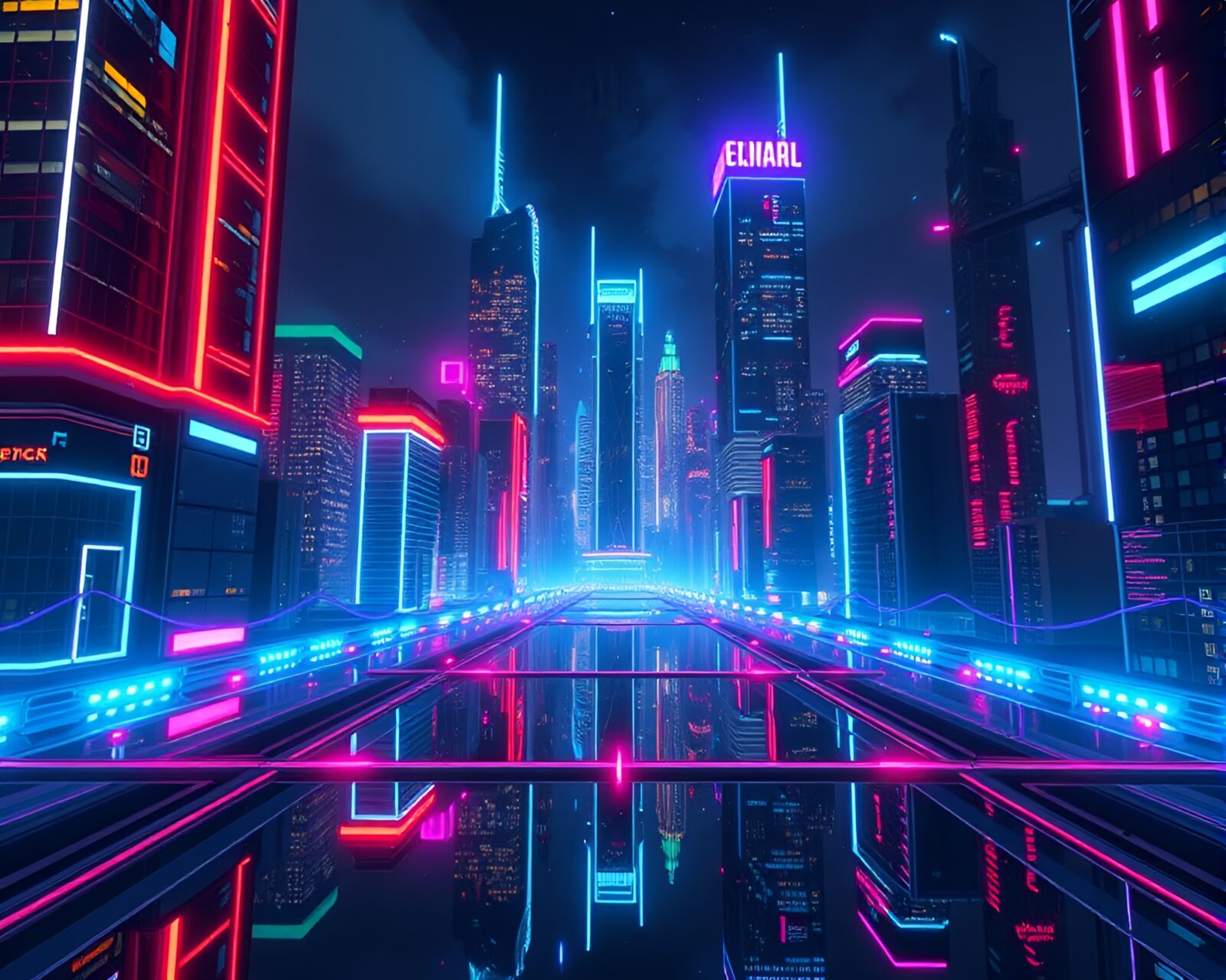 Beautiful night scene with mirrored cityscape and vibrant neon lights