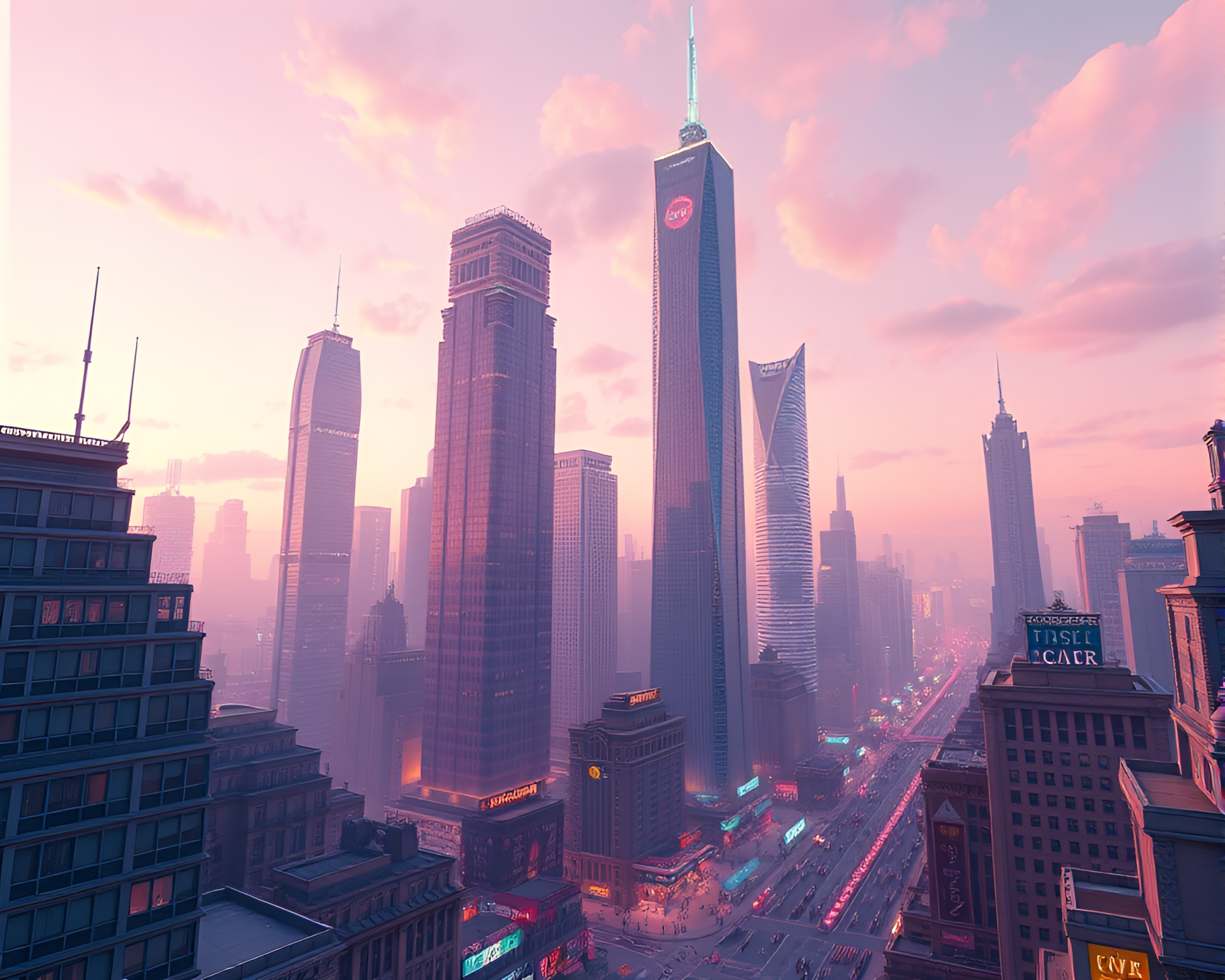 Futuristic Neon Cityscape Against Pastel Skyline – free AI stock image