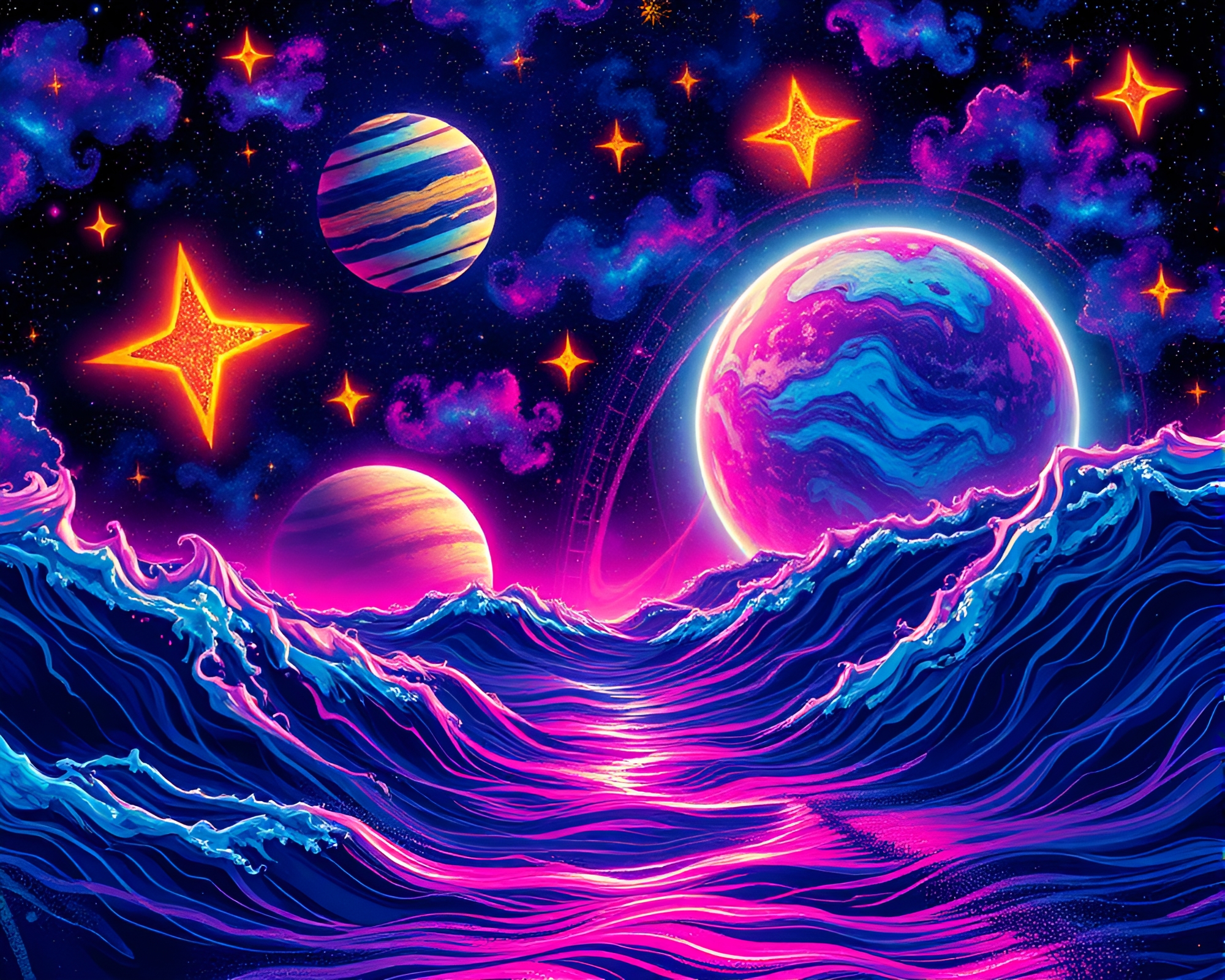 Neon Graffiti Adorns Cosmic Ocean in Fantastical Scene – free AI stock image