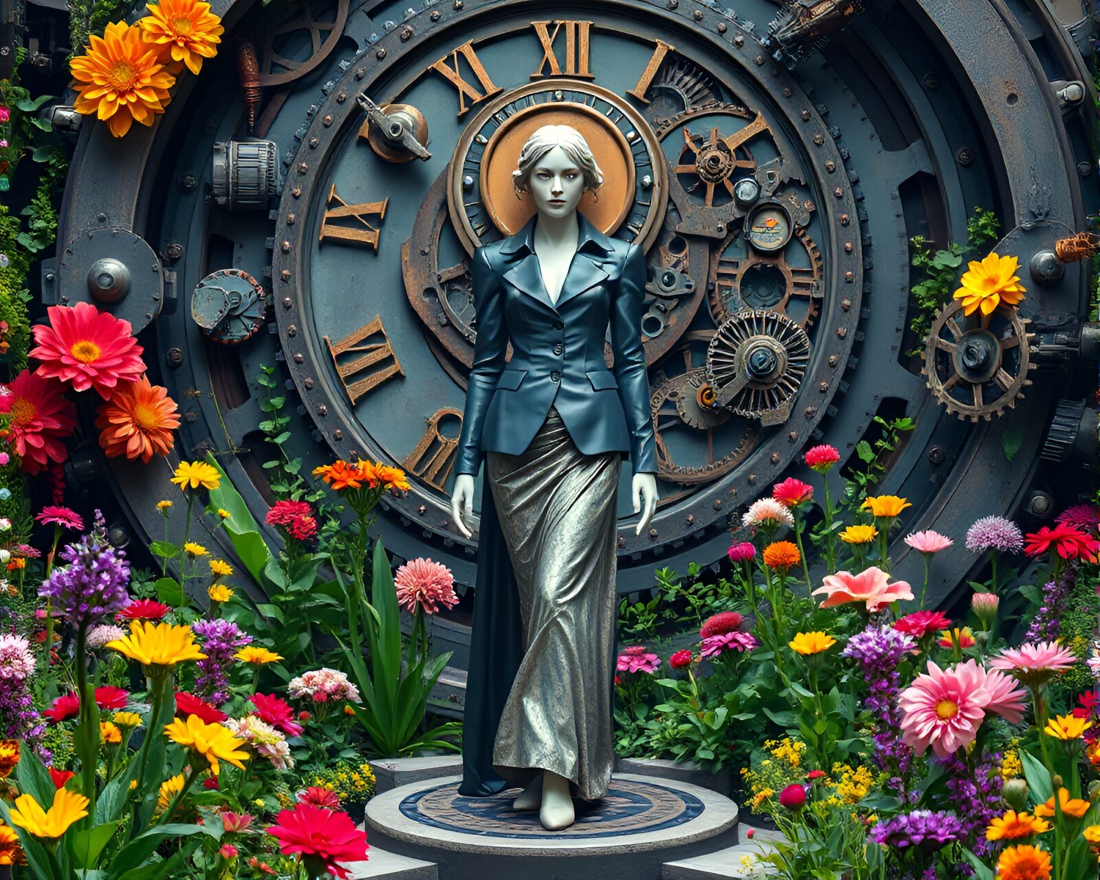 Statuesque figure in intricate metallic designs surrounded by lush flora.