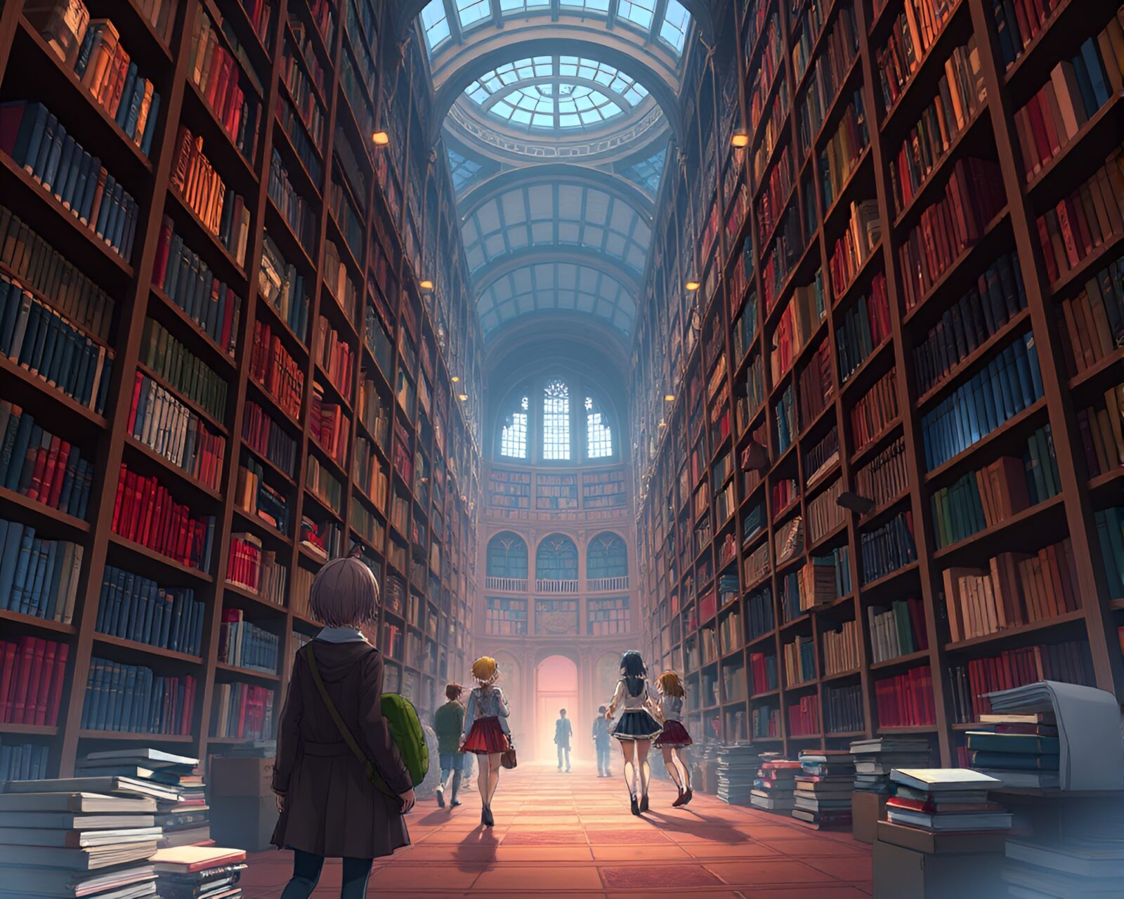 Vibrantly colored anime characters in labyrinthine library
