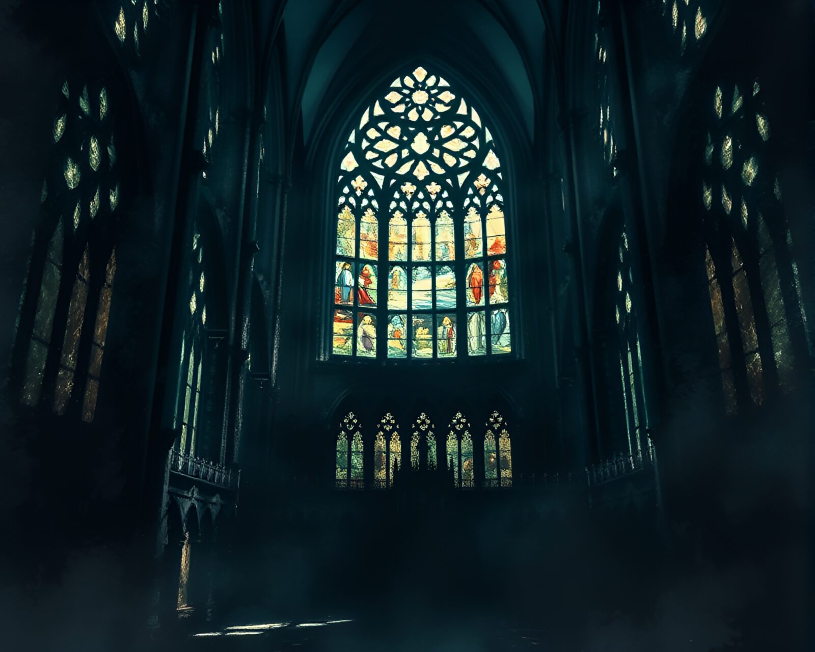 Dark cathedral with stained glass windows casting colorful lights