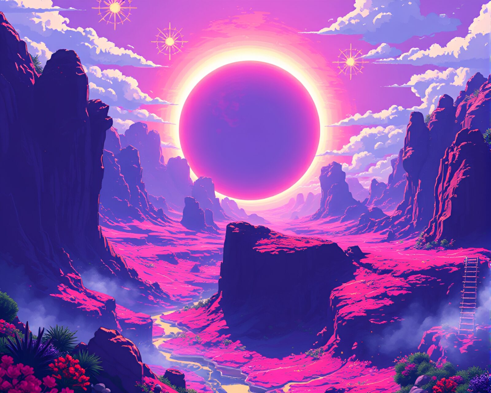 Vibrant pixel art scene with solar eclipse in surreal landscape