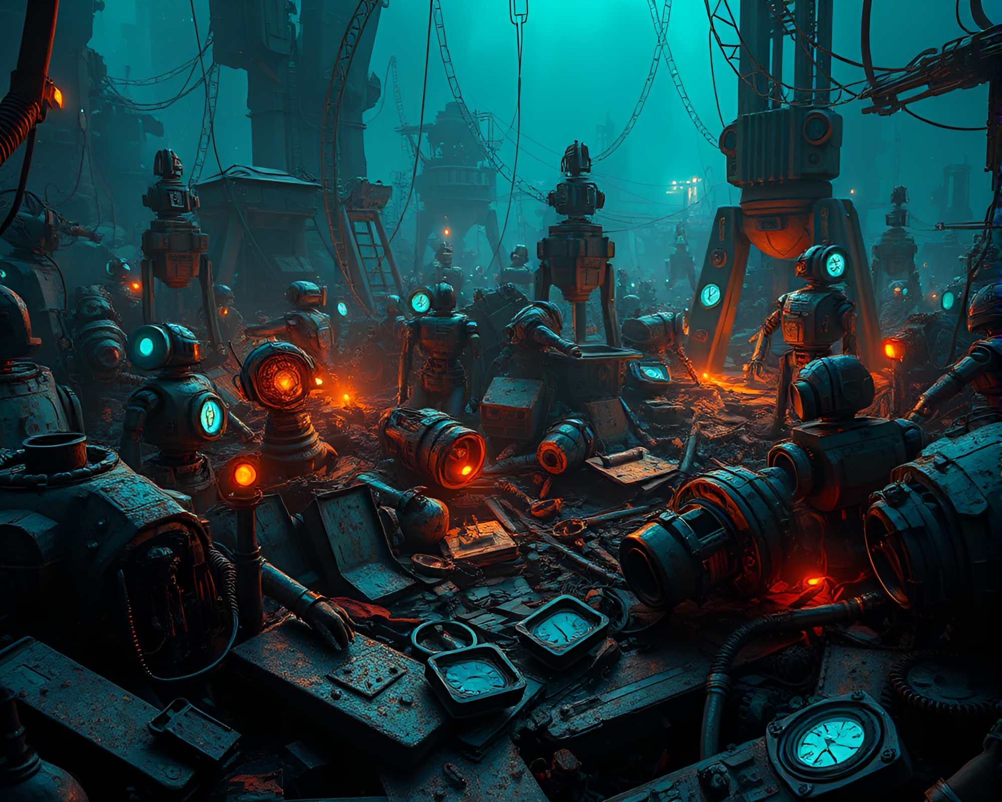 Ethereal Robot Graveyard Shimmers in Bioluminescent Night – free AI stock image