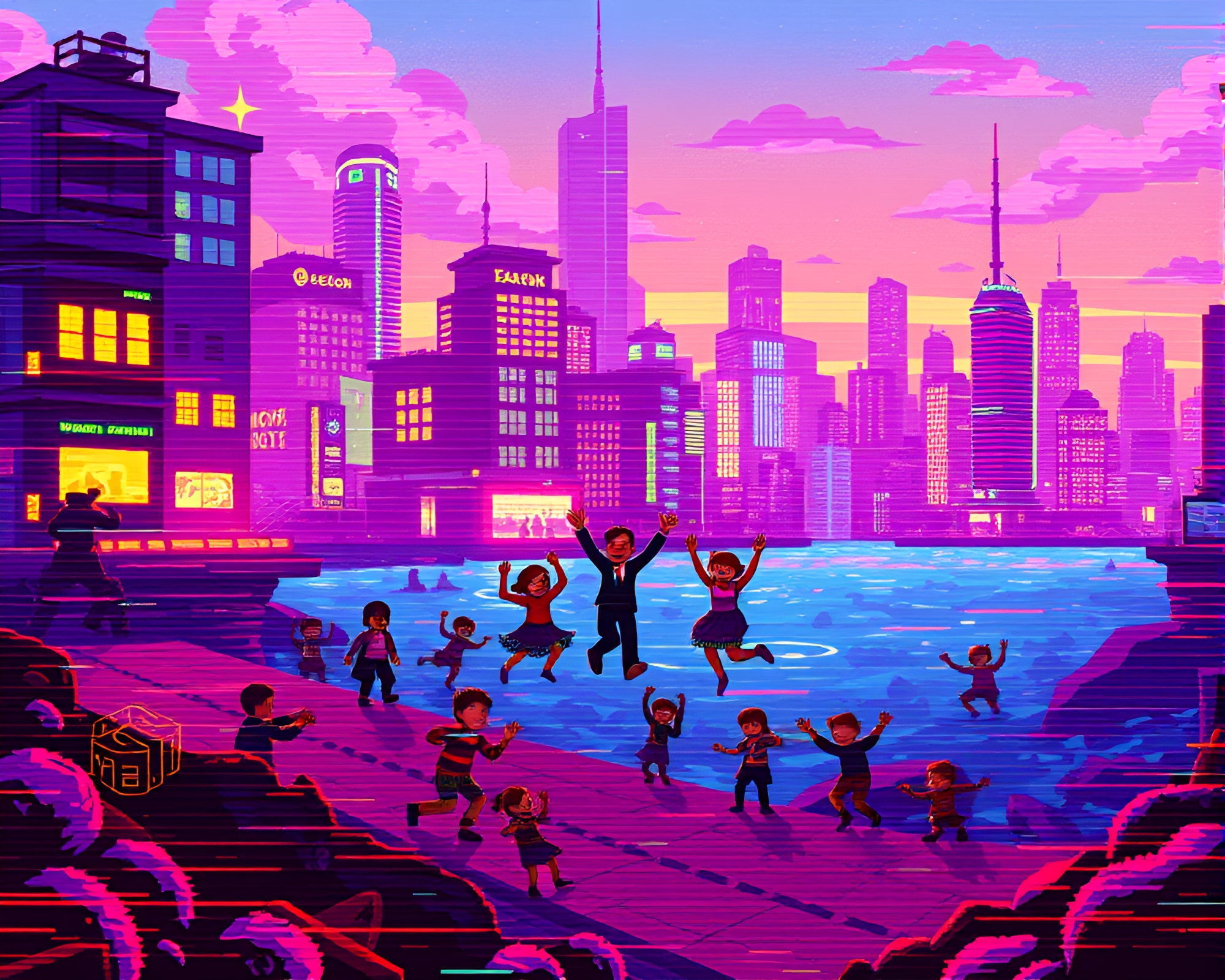 Vibrant 8-Bit Glitch Art Sunken City Celebration – free AI stock image