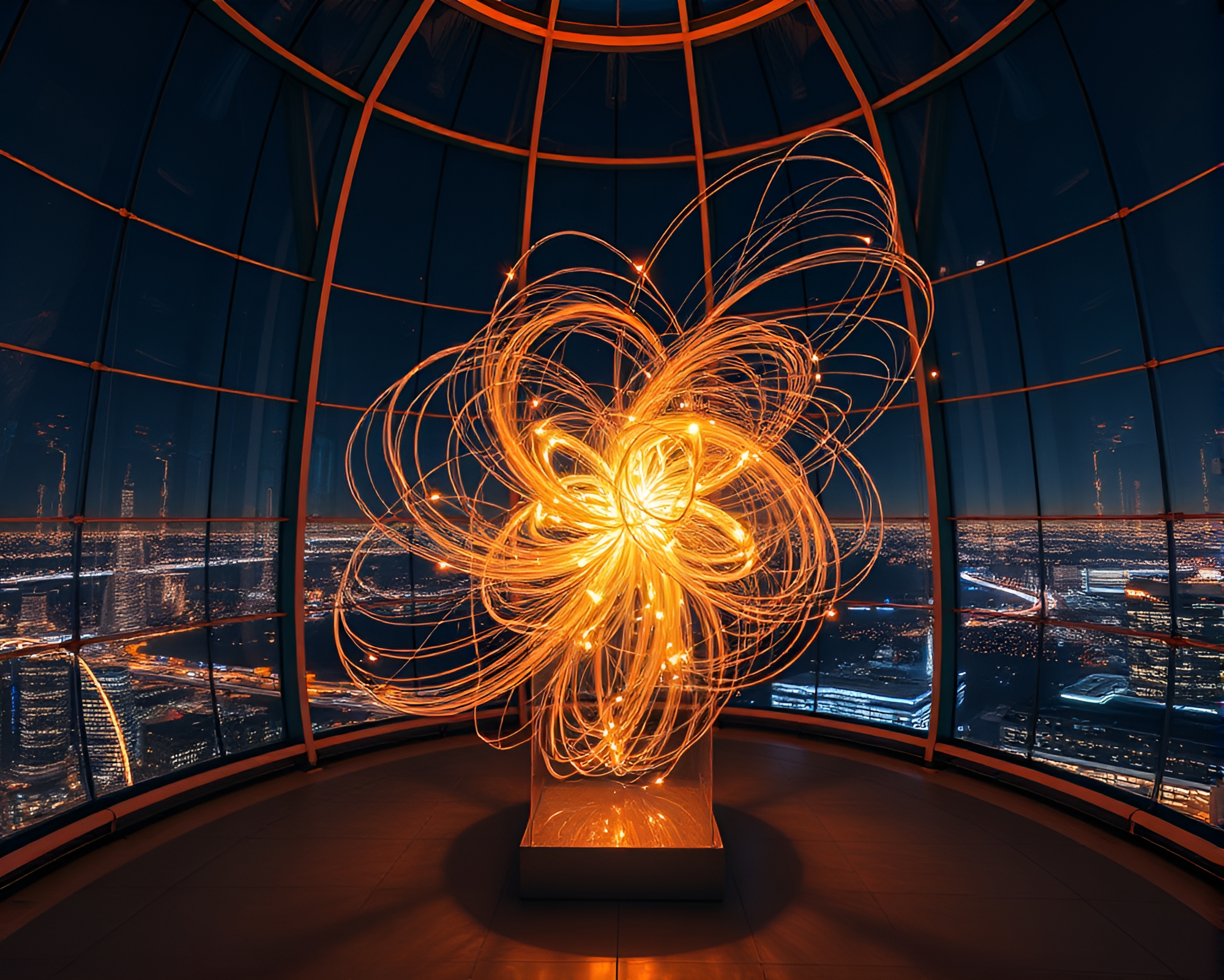 Mesmerizing Kinetic Sculpture in Glass-Walled Observatory – free AI stock image