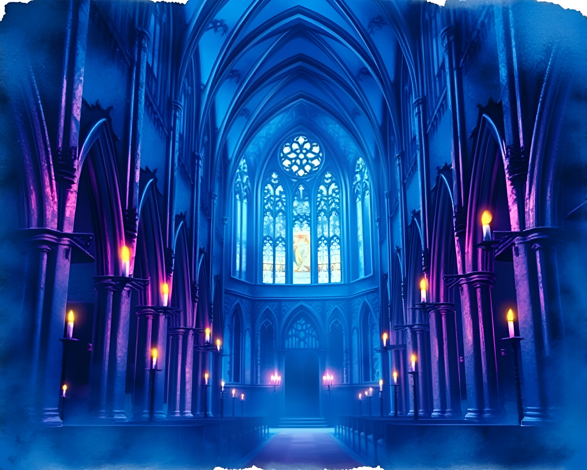 Ethereal Gothic Cathedral: Moody Watercolor Interior Composition – free AI stock image