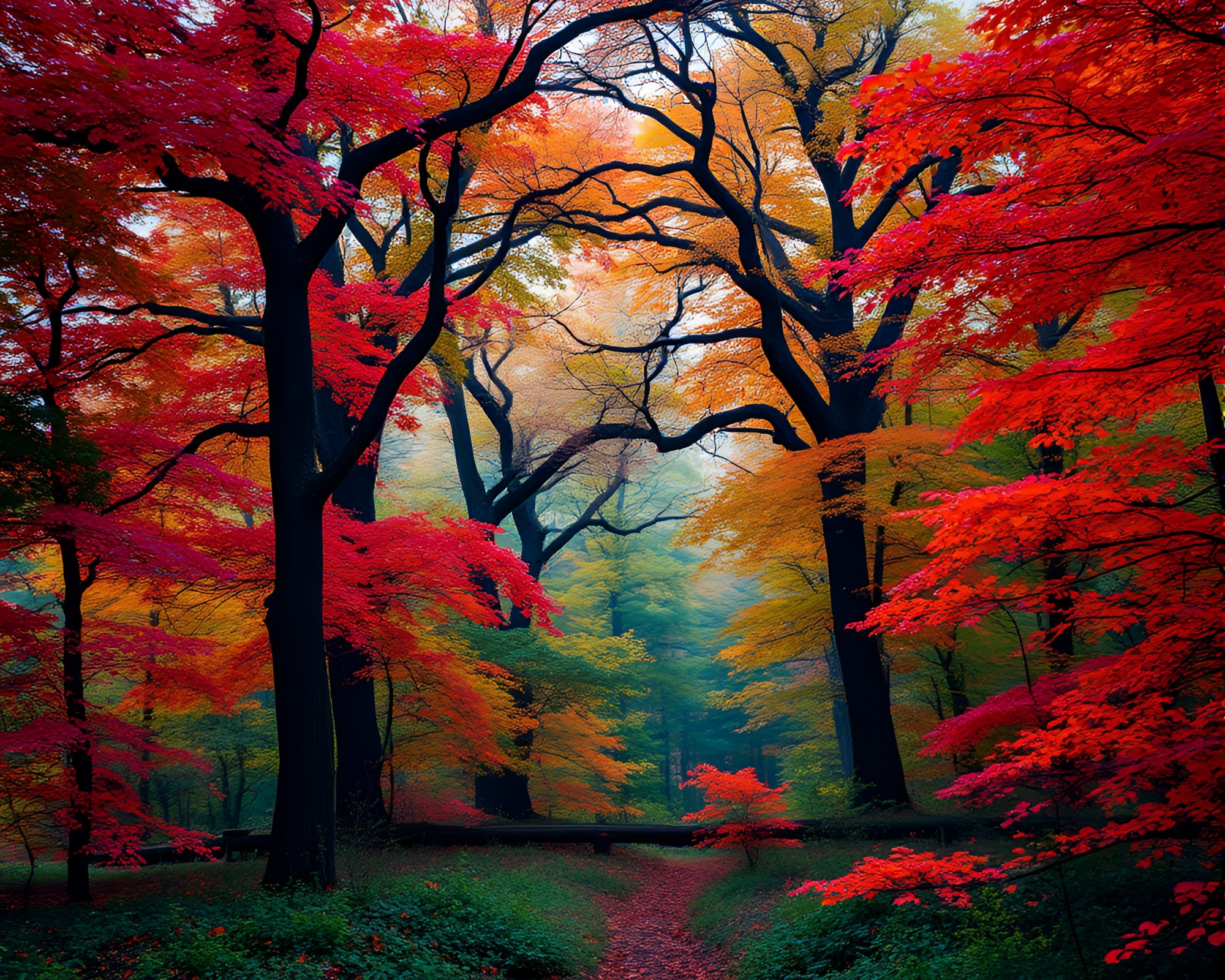 Spectral Oak Forest: Vibrant Colors and Kinetic Movement – free AI stock image
