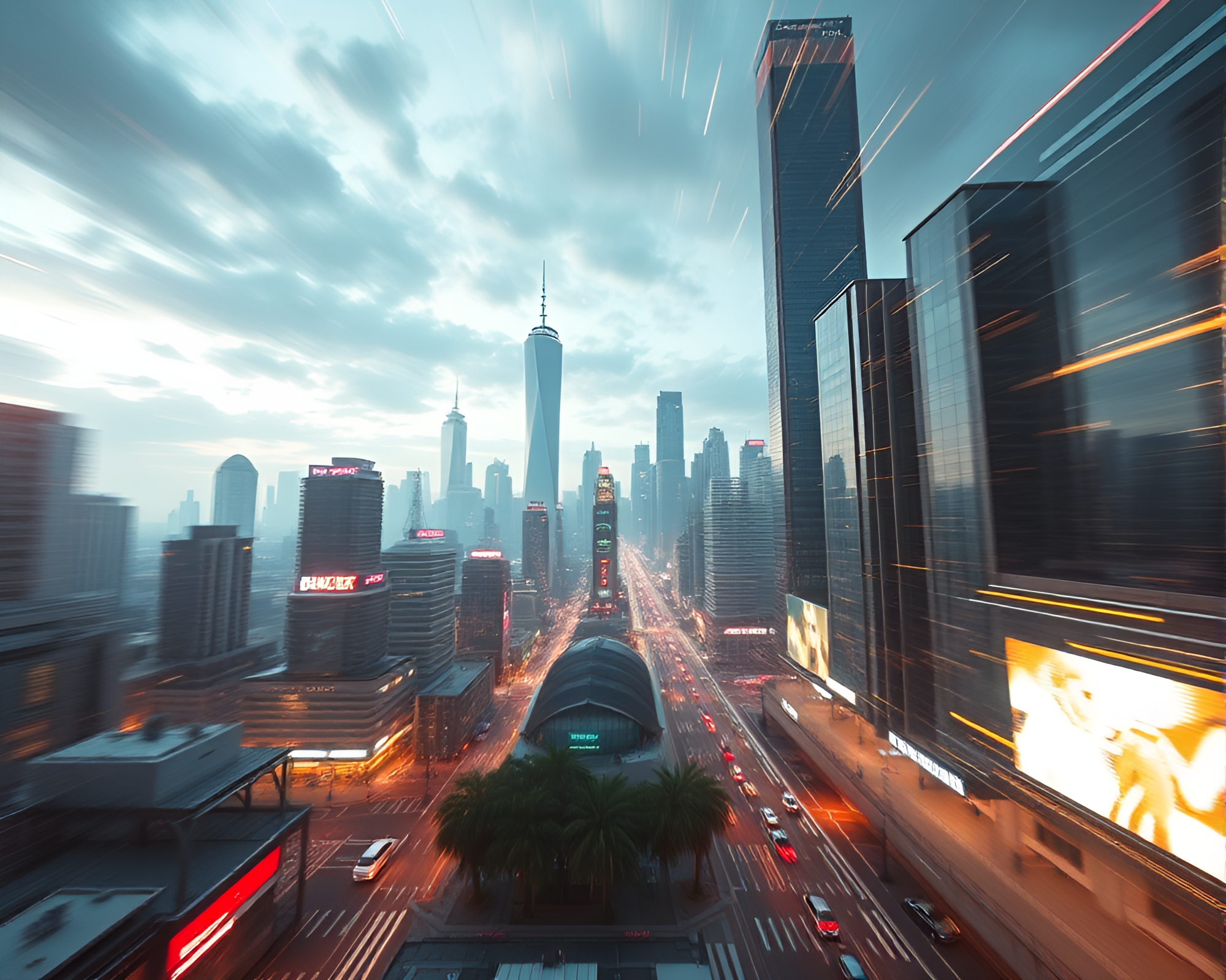 Glimmering Futuristic Cityscape in Vector Art Time-lapse – free AI stock image