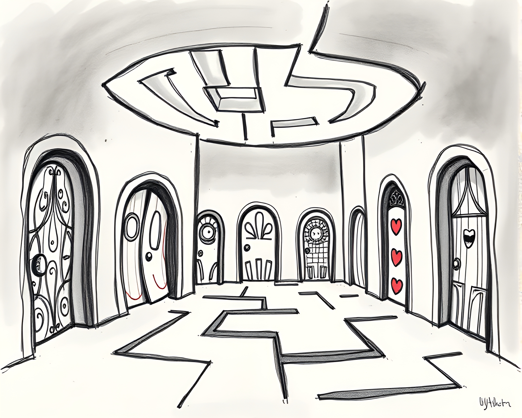Intricate Charcoal Sketch of Whimsical Door Labyrinth – free AI stock image