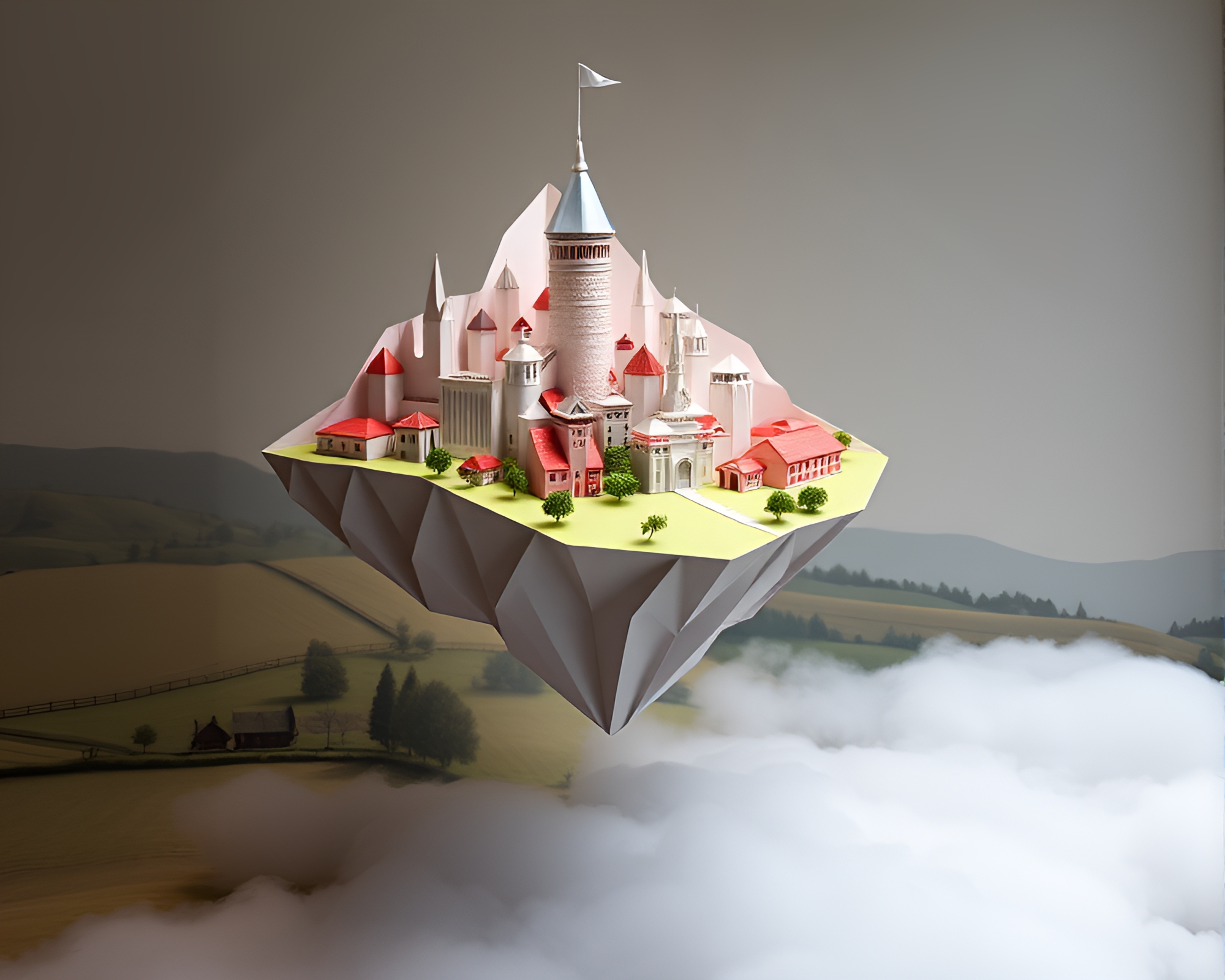 Enchanting Origami City Floating Above Serene Landscape – free AI stock image