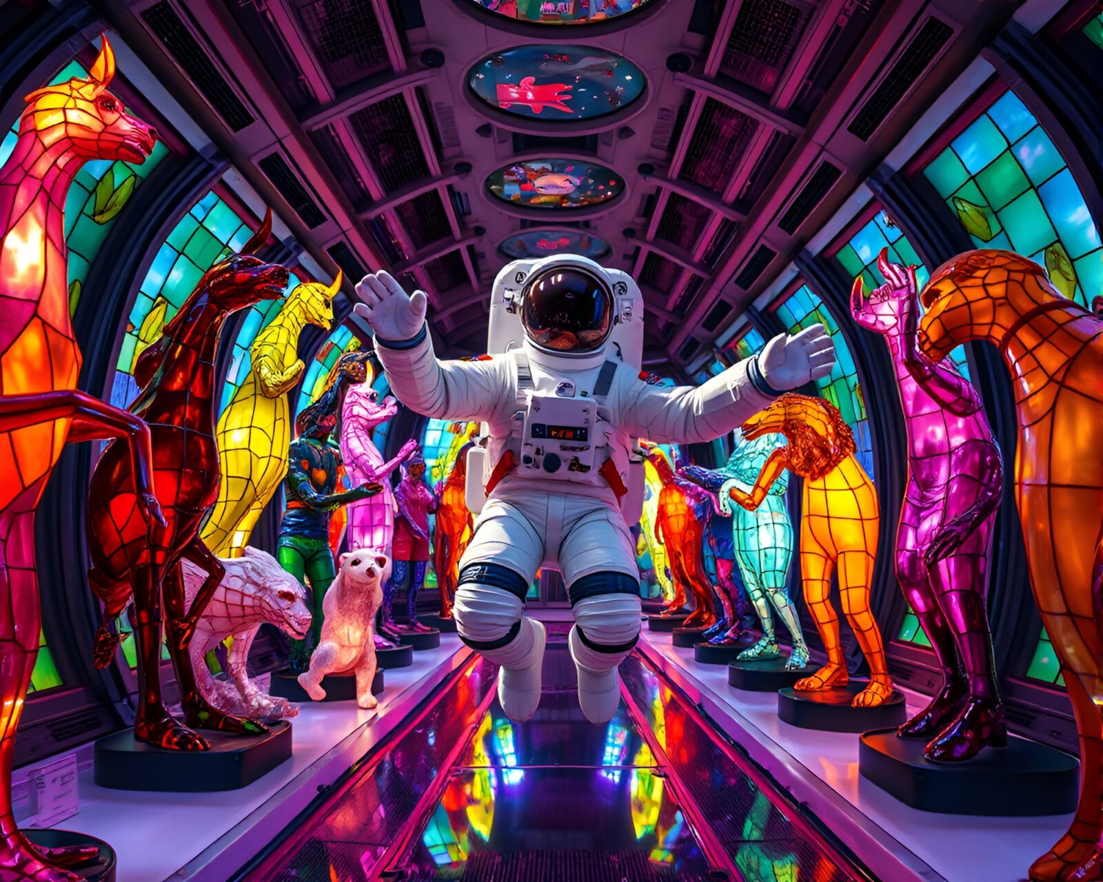 Astronaut surrounded by vibrant stained glass sculptures in space