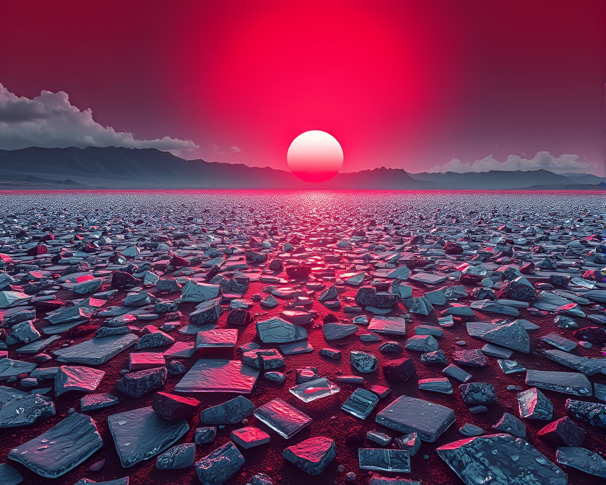 Shattered Glass Desert under Red Sun – free AI stock image