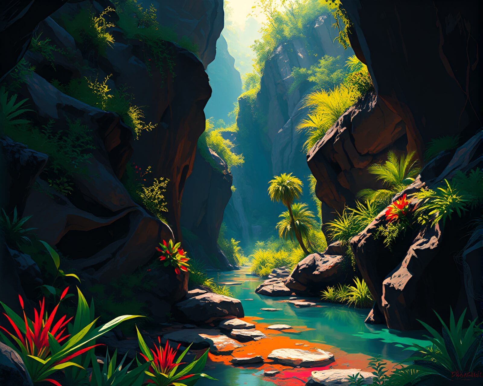 Impressionist landscape with vibrant vegetation in dark canyon setting