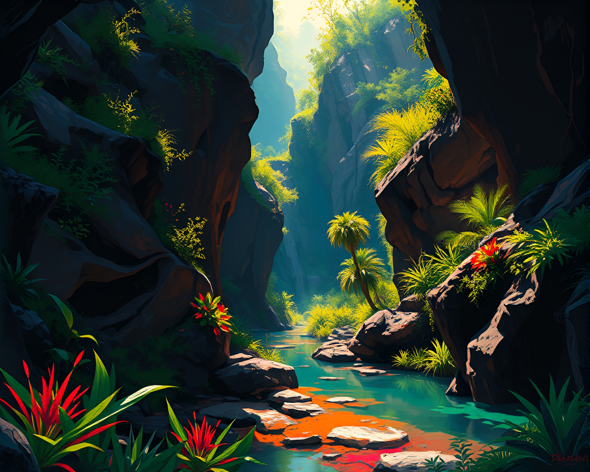 Impressionist Oasis: Lush Vegetation in Obsidian Canyon – free AI stock image