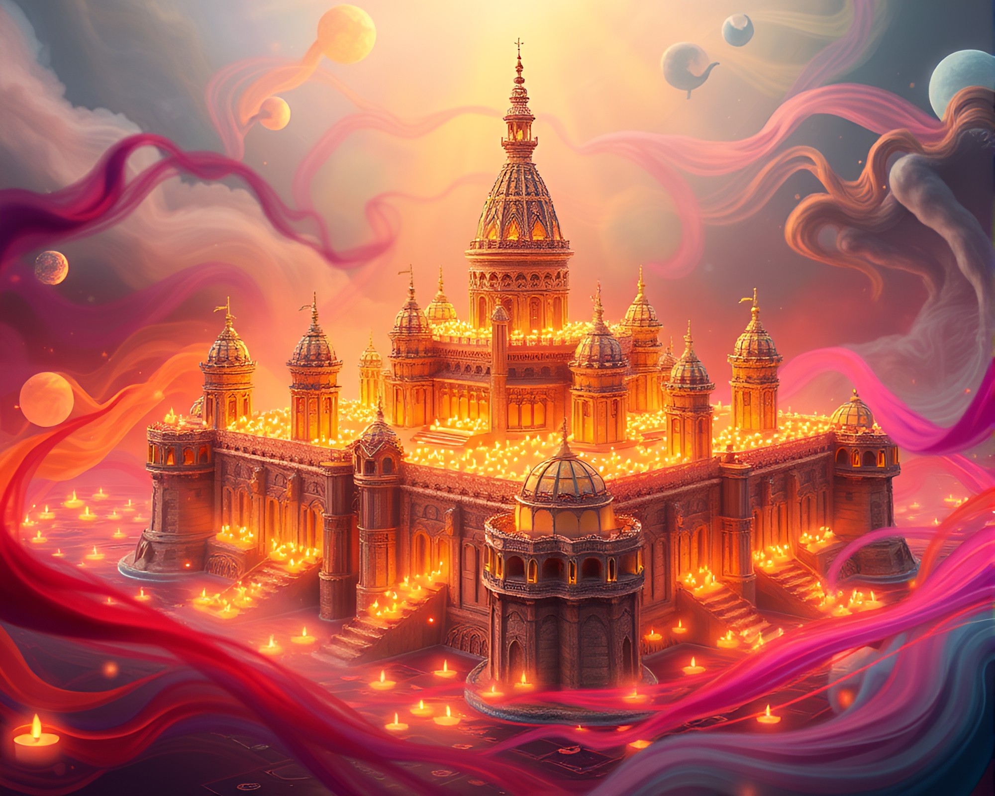 Ethereal Citadel Aglow with Floating Candles – free AI stock image