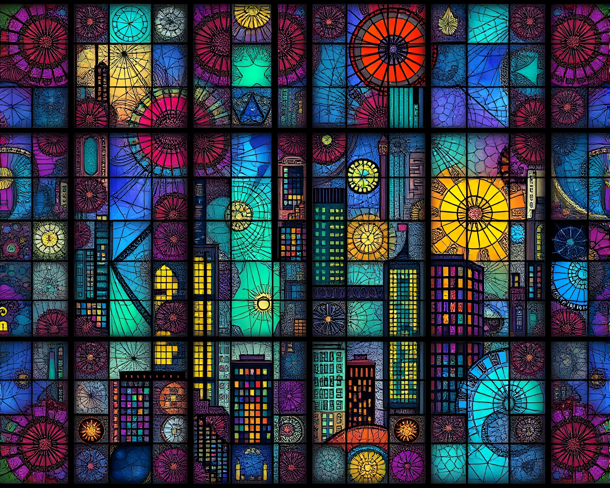Surreal City Grid: Fractals in Stained Glass Window – free AI stock image
