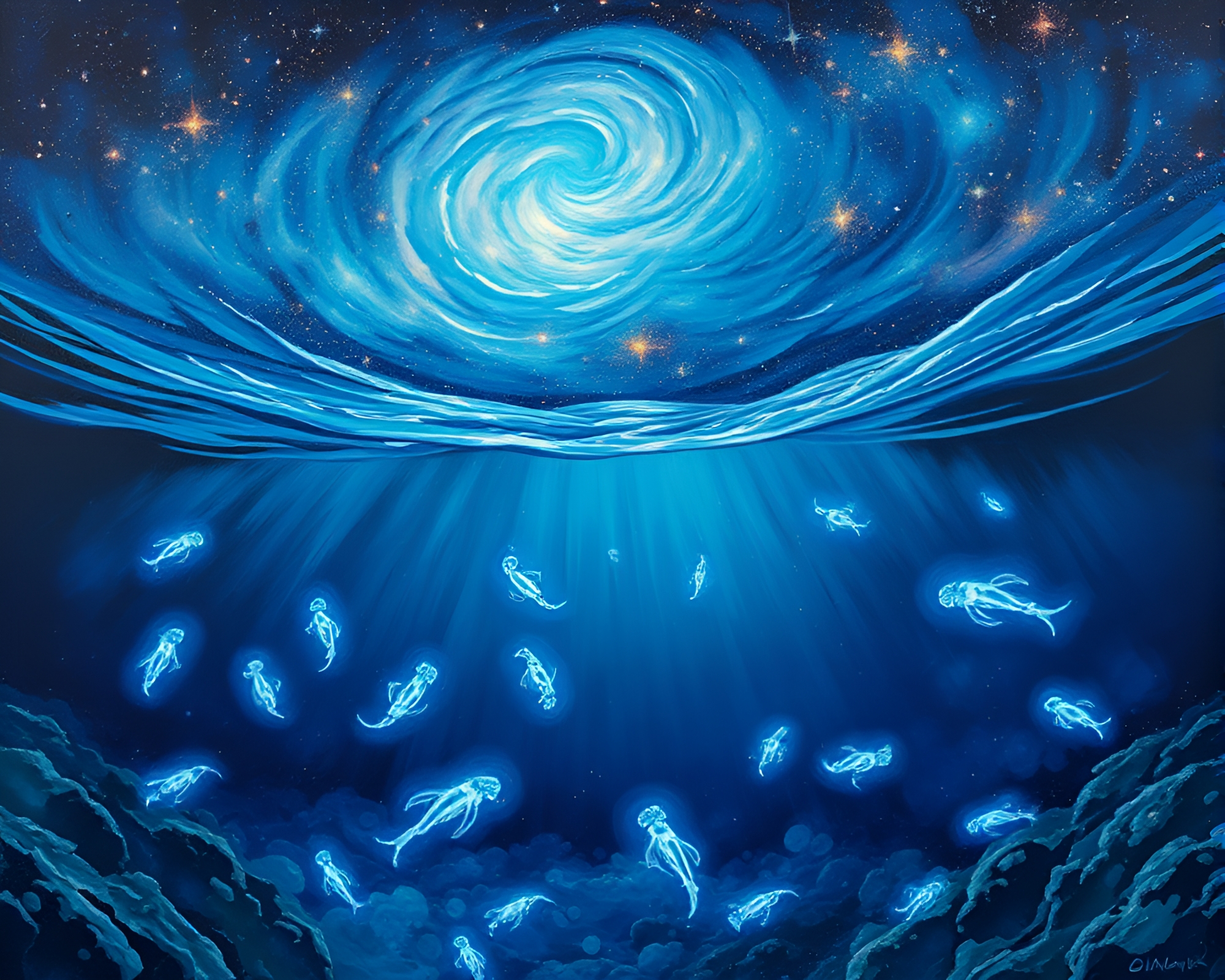 Surreal Cosmic Ocean Bioluminescence Oil Painting – free AI stock image