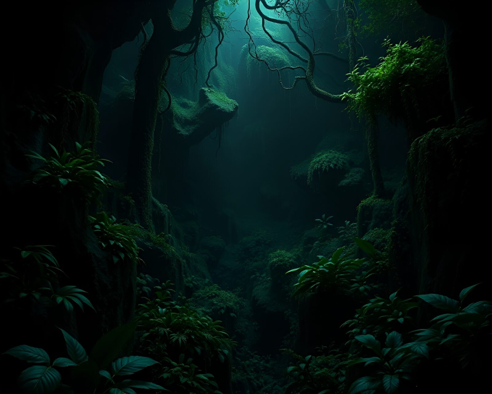 Dark, intricate fractal jungle with realistic textures and lighting