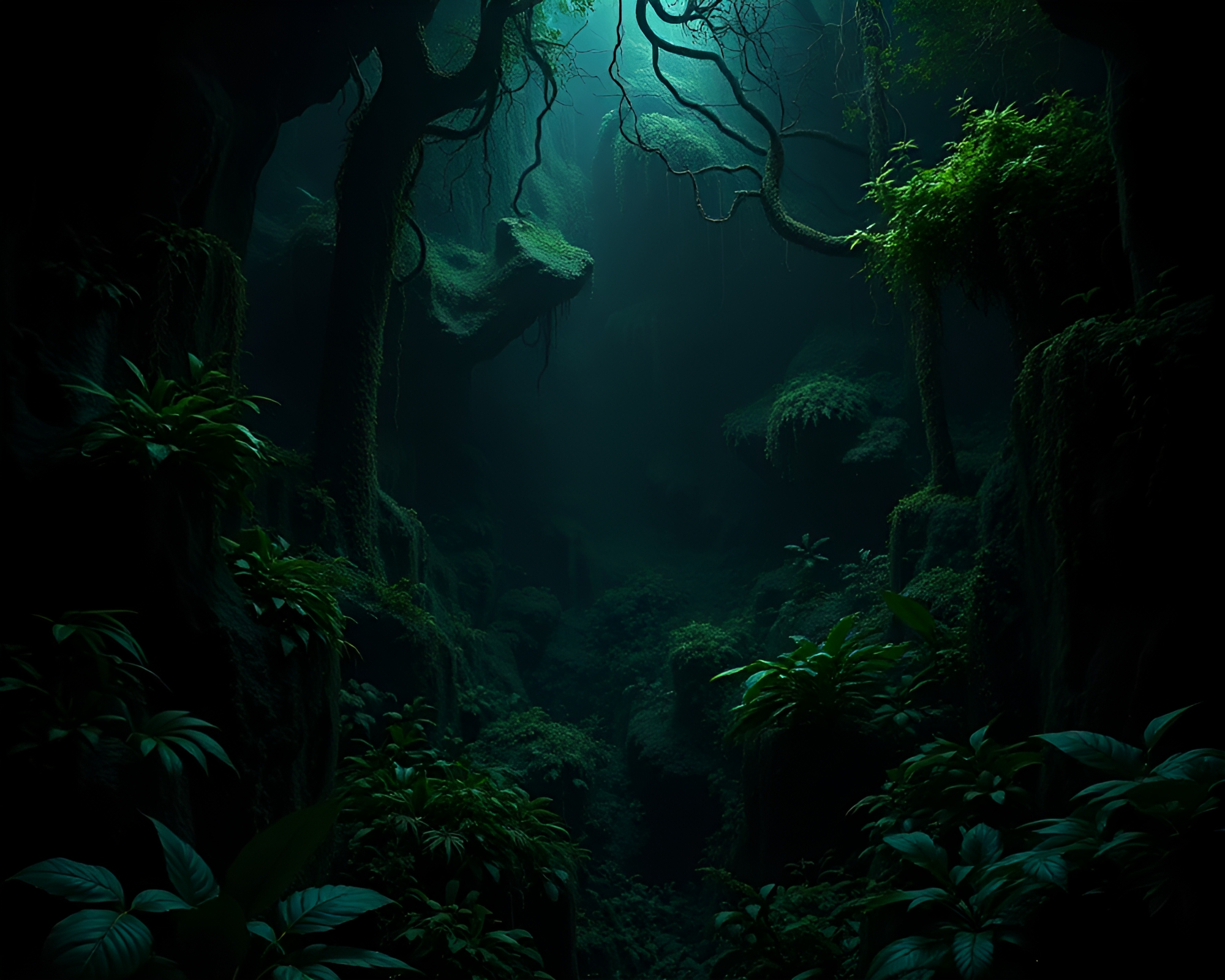 Intricate Fractal Jungle: Noir Atmosphere CGI Artwork – free AI stock image