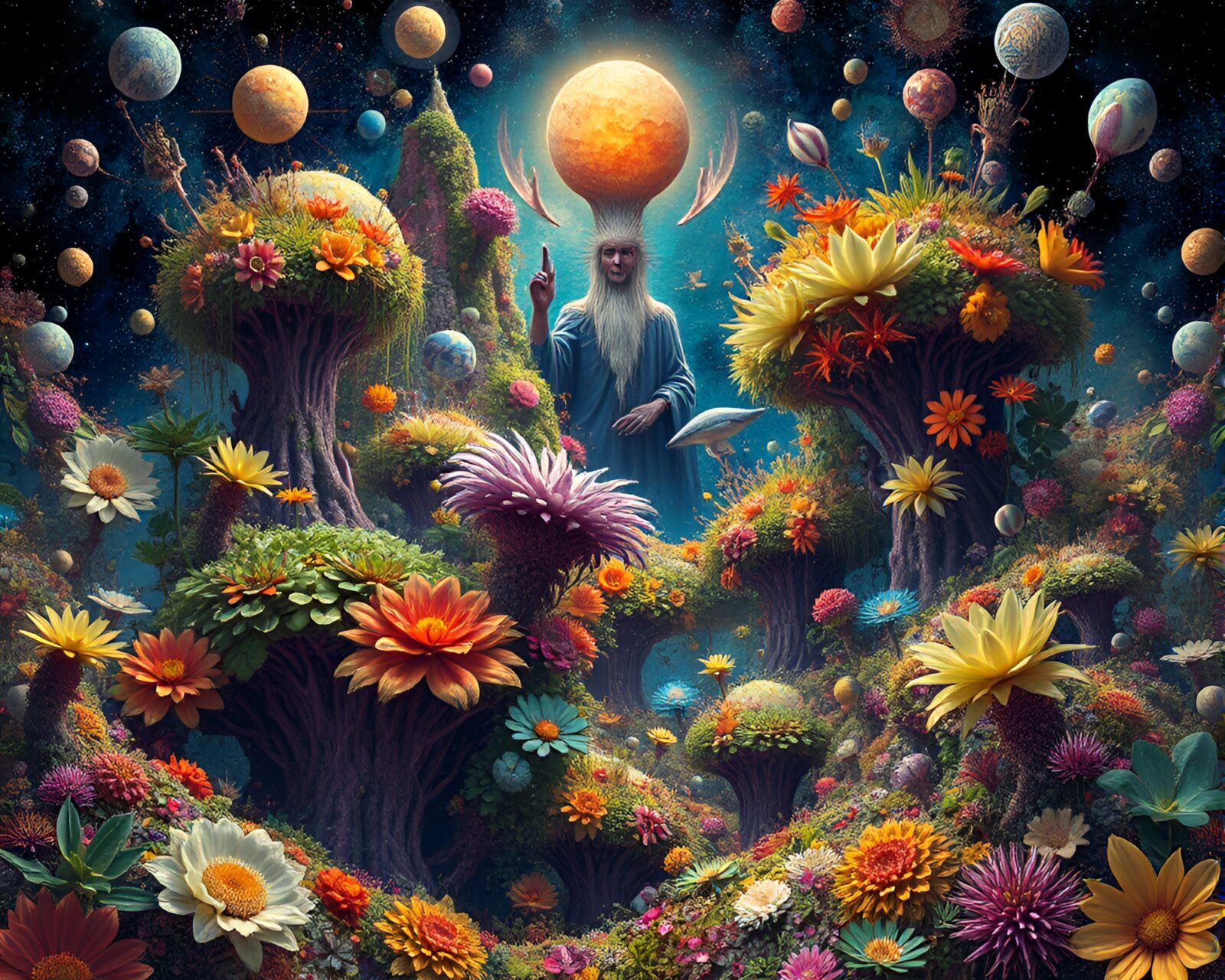 Vibrant surreal art piece fusing botanical and cosmic elements