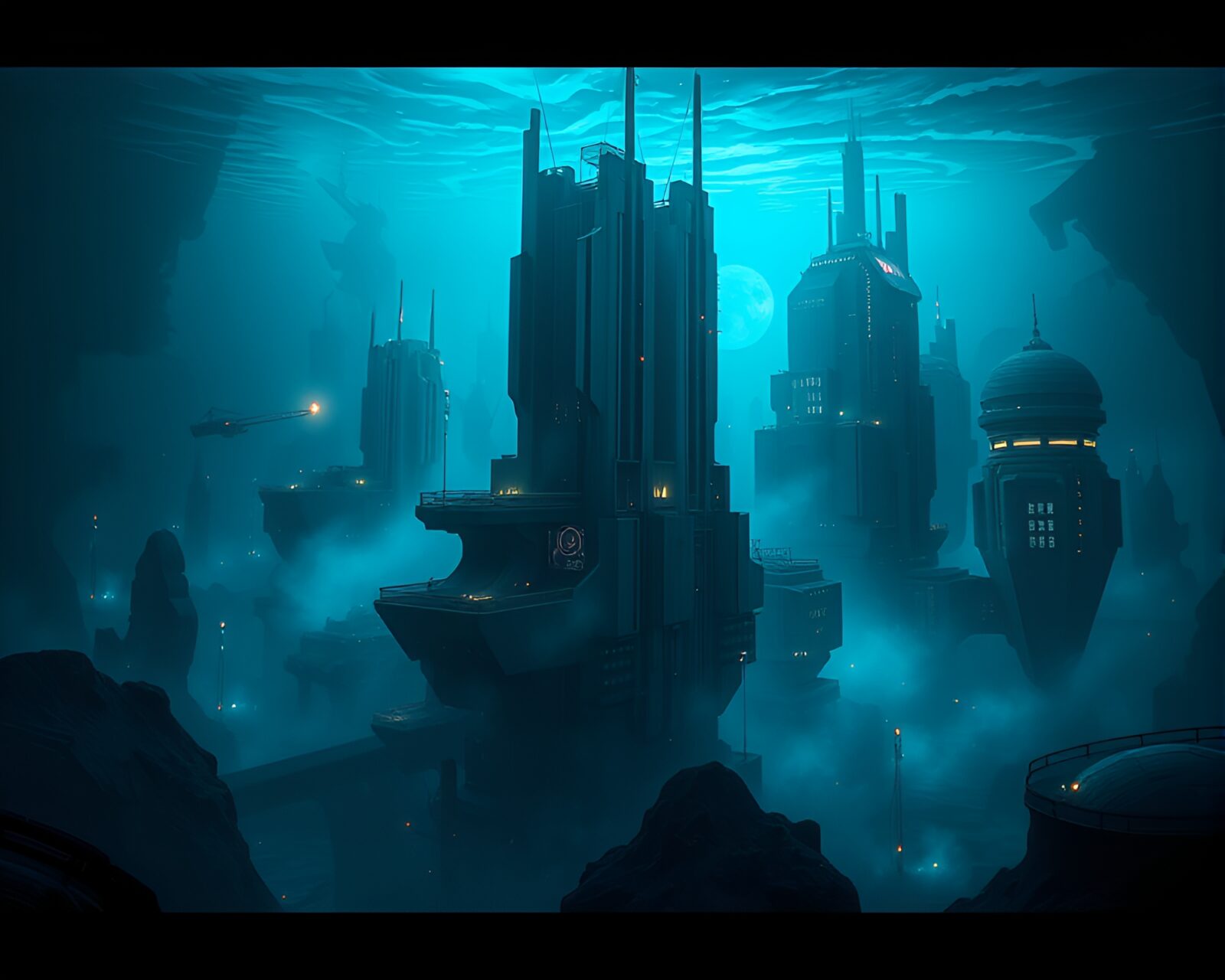 Surreal, dreamlike cityscape with underwater lights and mist