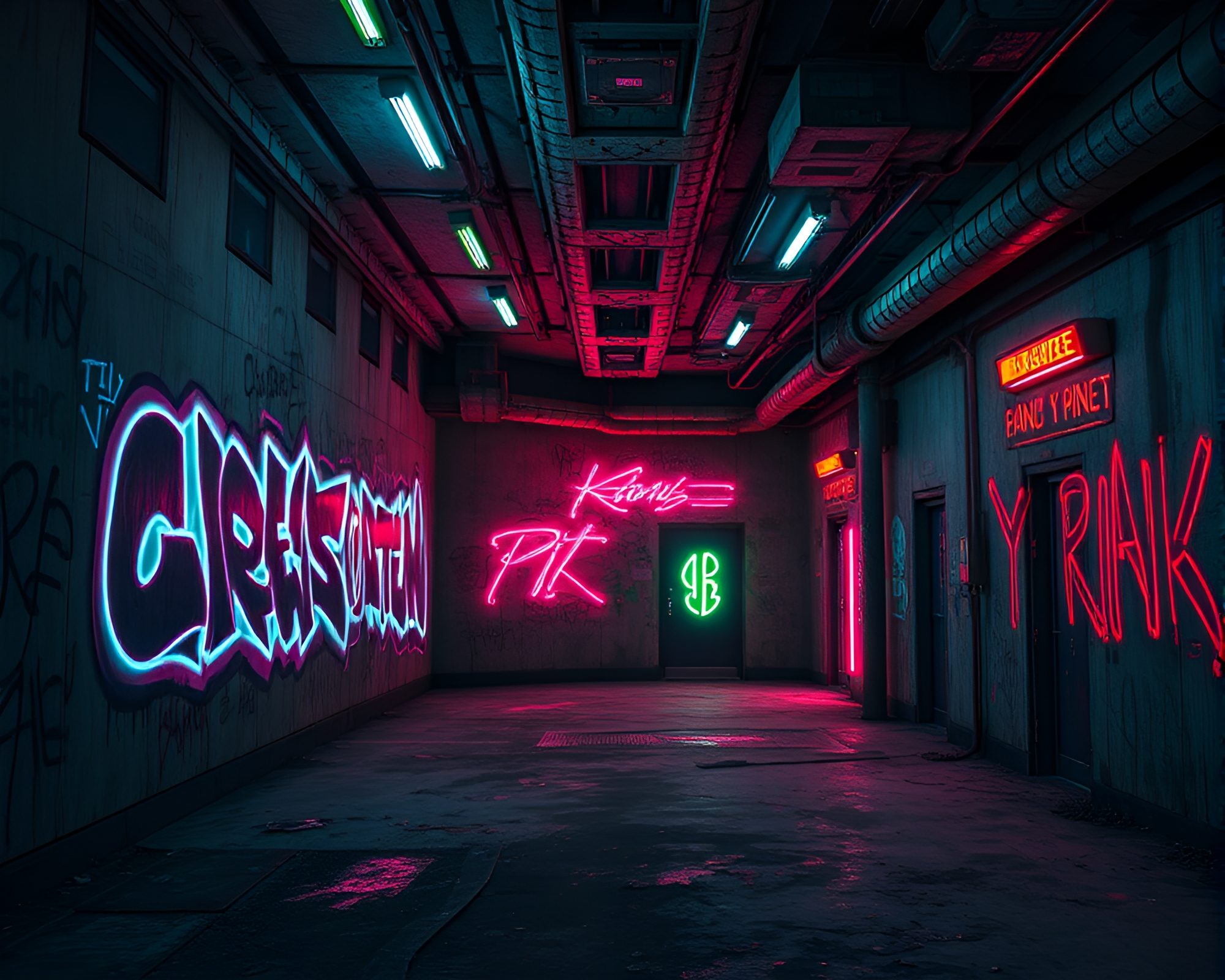 Eerie Neon Graffiti in Abandoned Space Station – free AI stock image