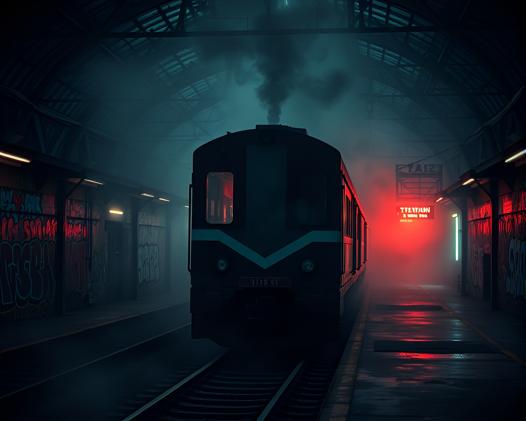 Eerie Phantom Train Haunts Dimly Lit Station – free AI stock image