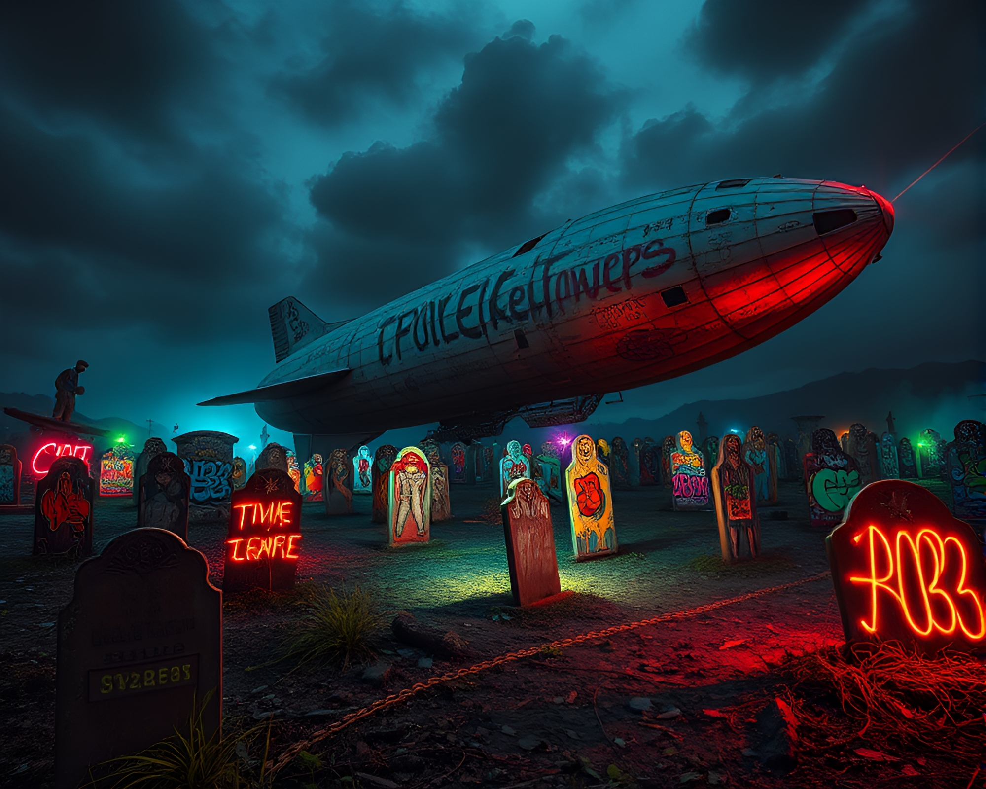 Vibrant Graffiti Art in Abandoned Zeppelin Graveyard – free AI stock image