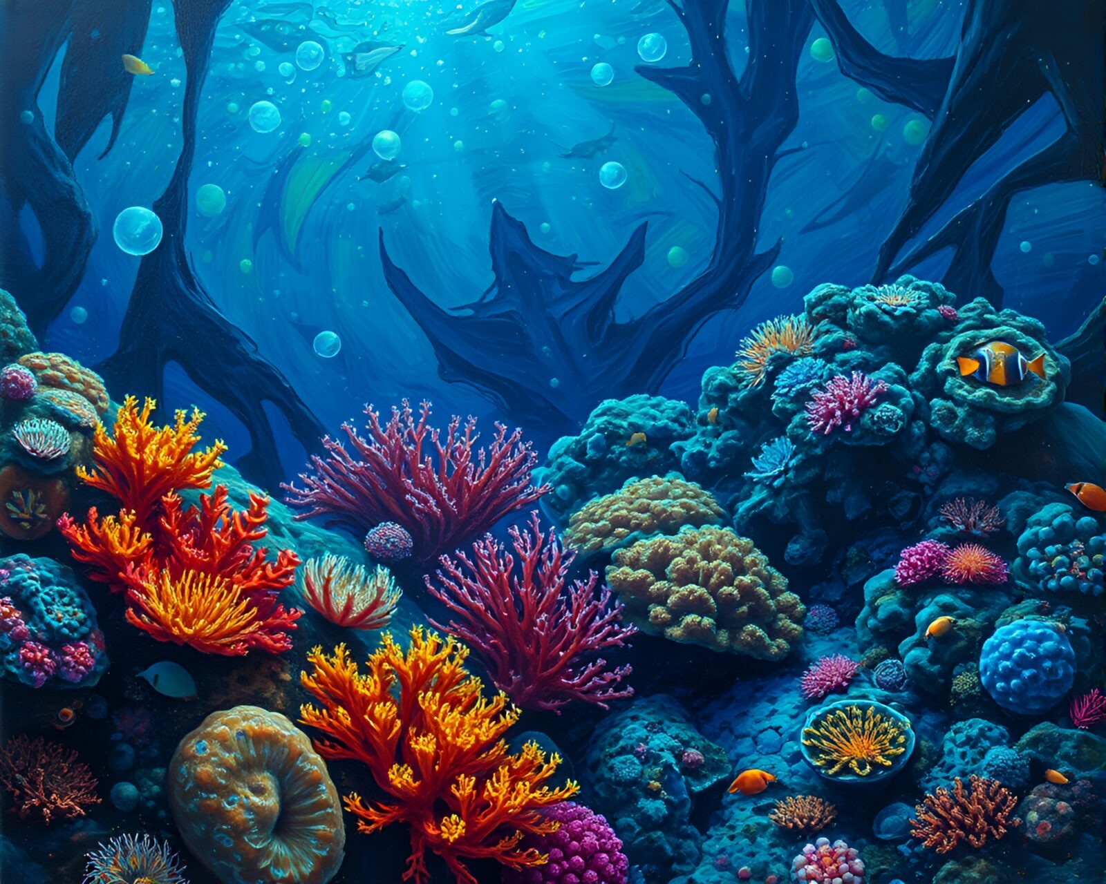 Vibrant and lifelike underwater scene with glowing coral reef